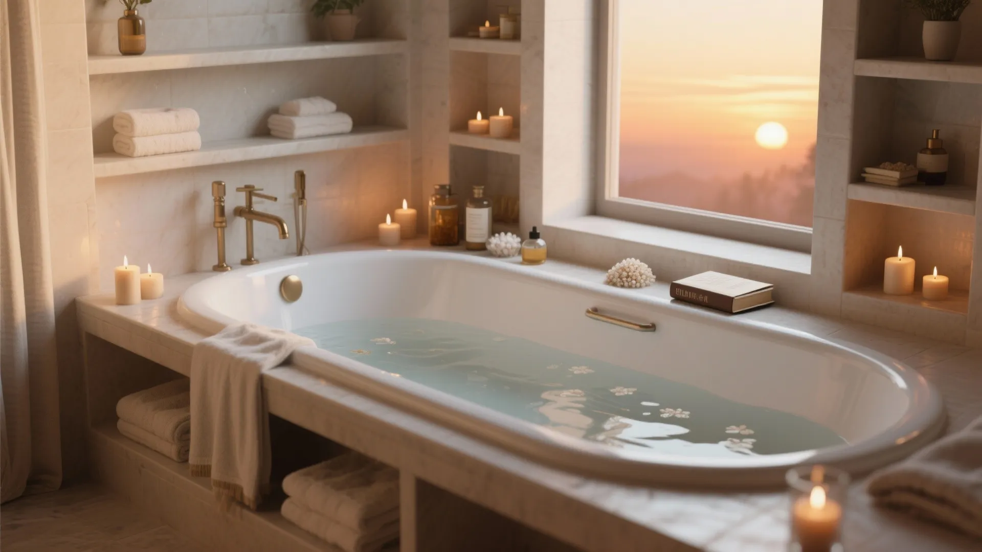 Luxury bathtub with warm candles and towels near a window showing a sunset during golden hour