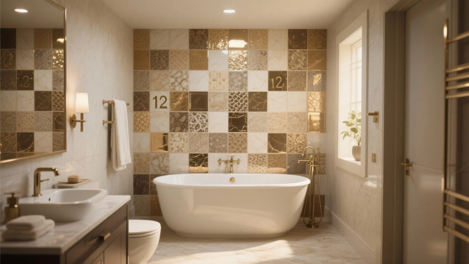 Luxury bathroom interior featuring a gold tiled feature wall behind a freestanding white oval bathtub