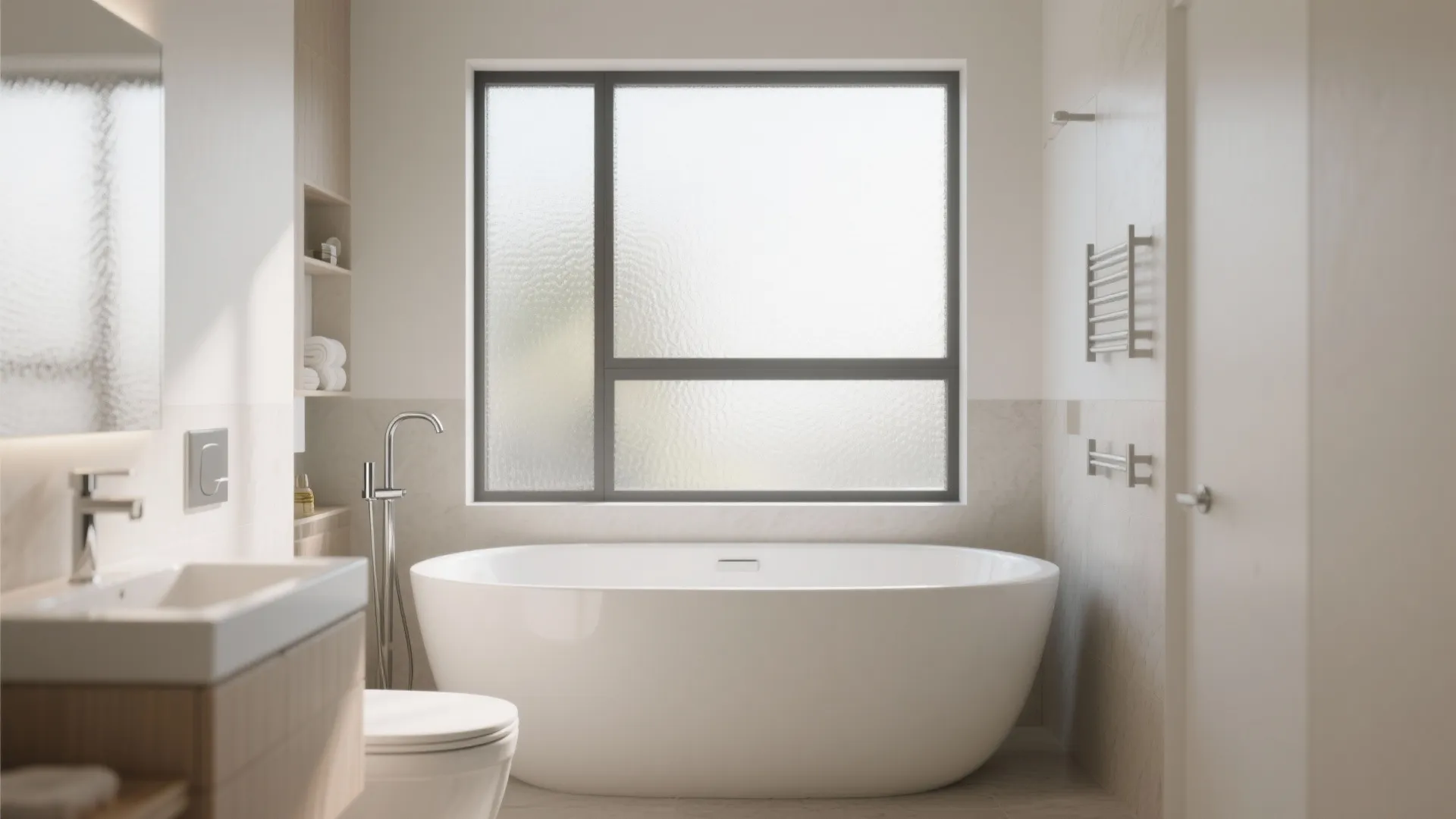 Bright bathroom featuring a white oval bathtub placed under a large window with natural light