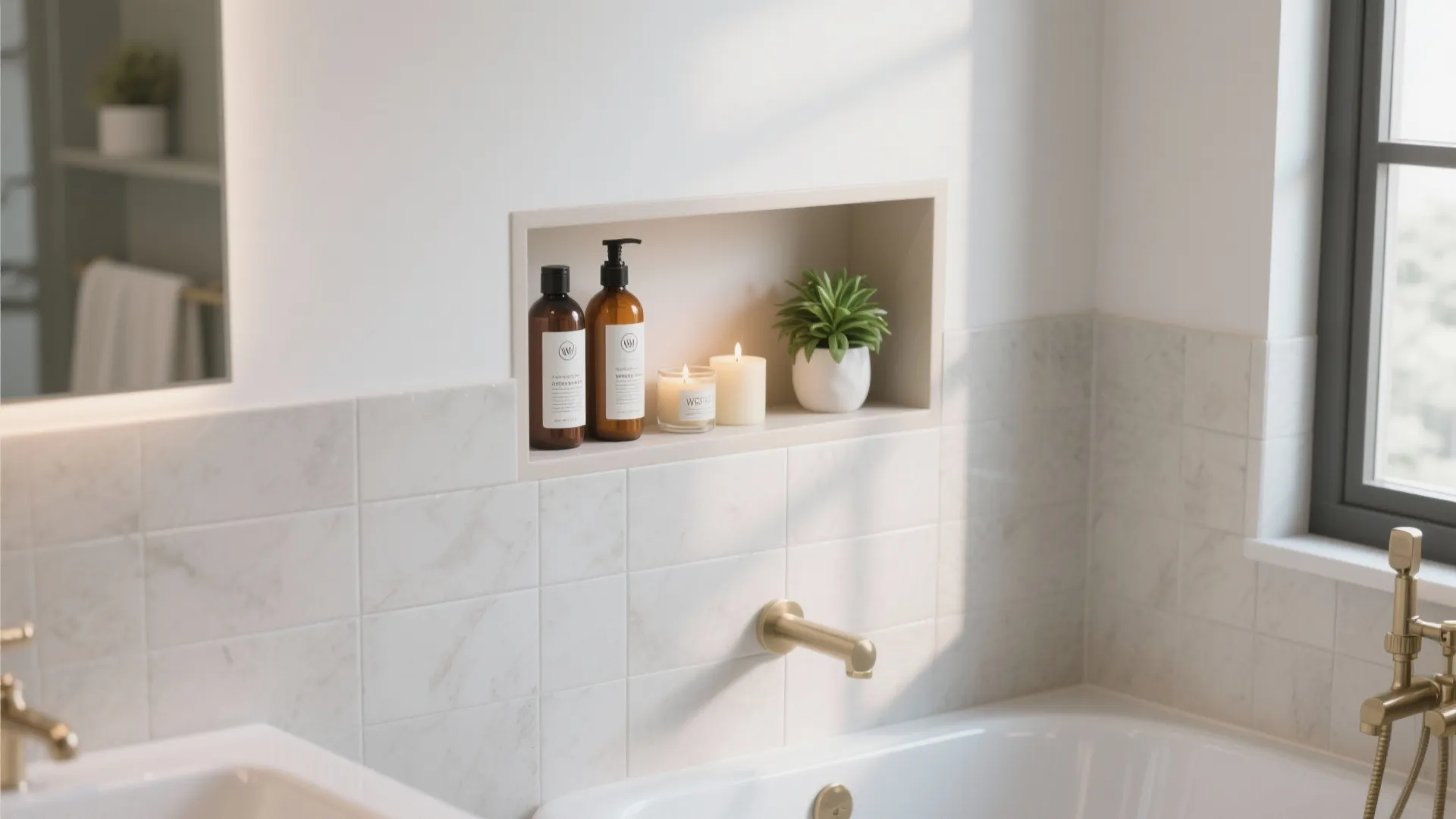 Built-in niche above bathtub with toiletries and plant