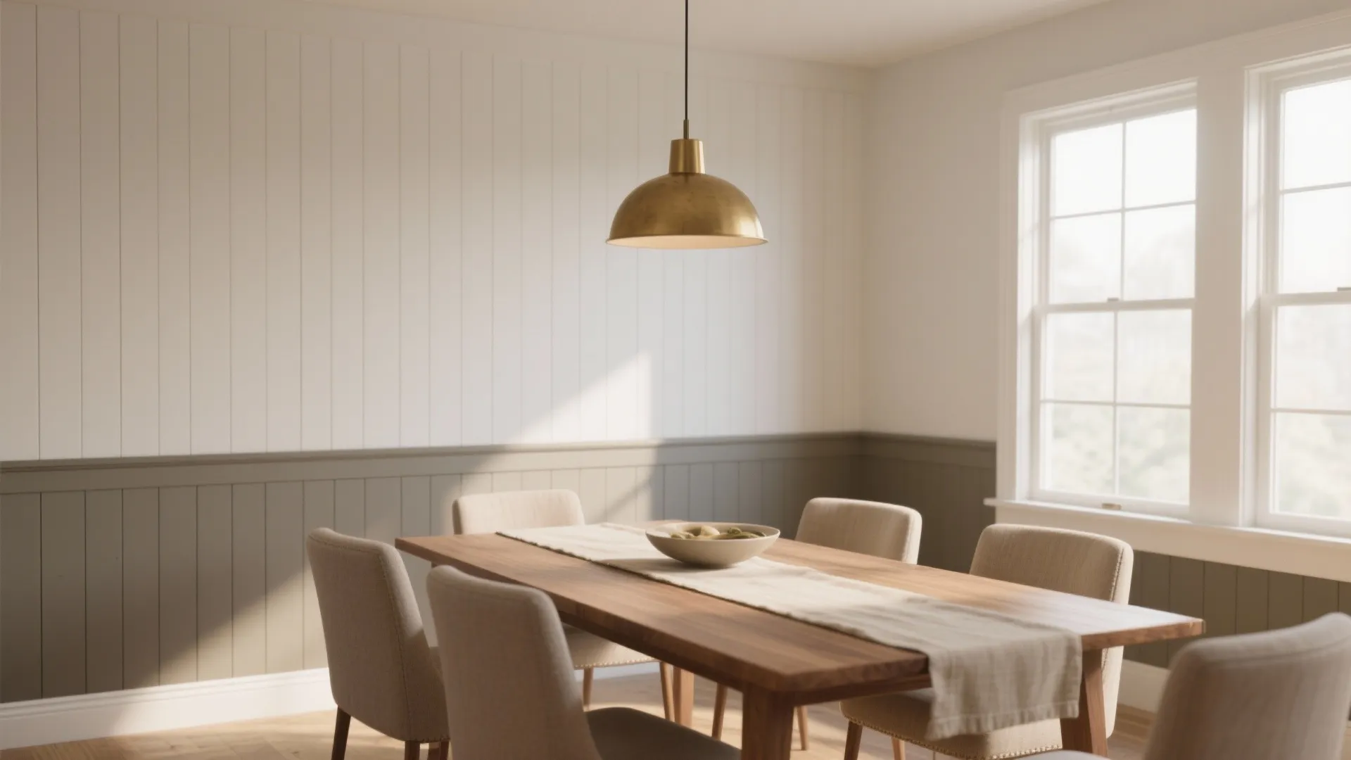 Dining room with wooden table, beige chairs, gold ceiling light, and grey wall panel design
