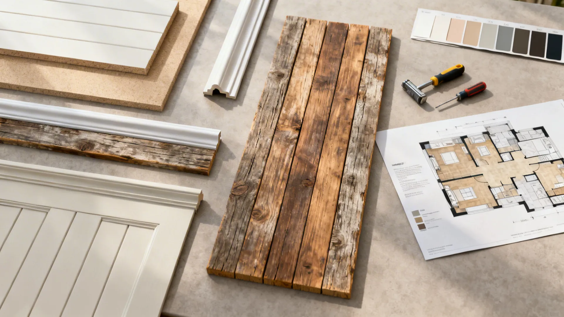 Flatlay of MDF and reclaimed wood batten samples, paint swatches and tools with a 3D floor plan mockup.
