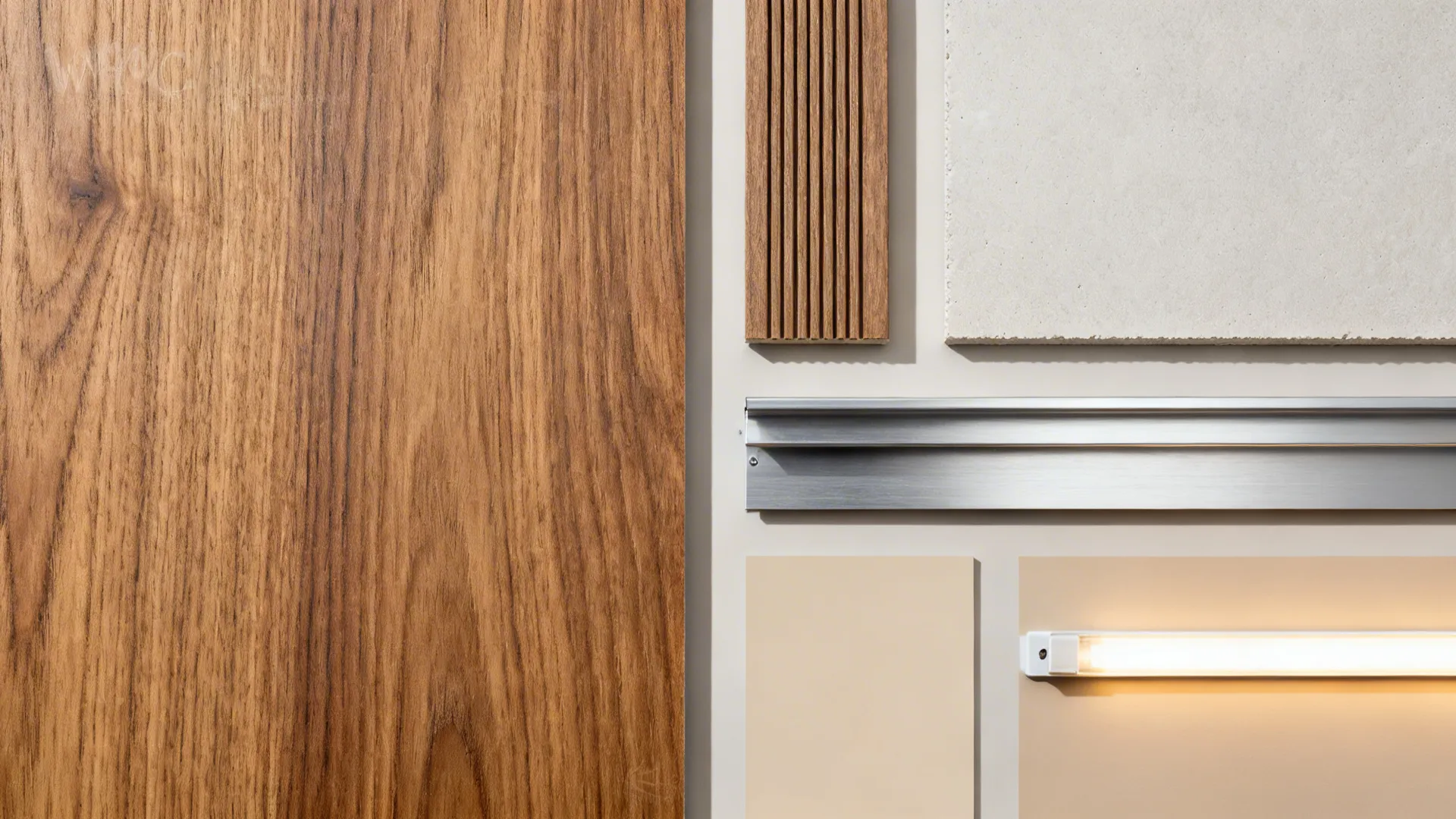 Flat-lay of teak veneer, WPC battens, gypsum board, LED, and paint chips for a ceiling.