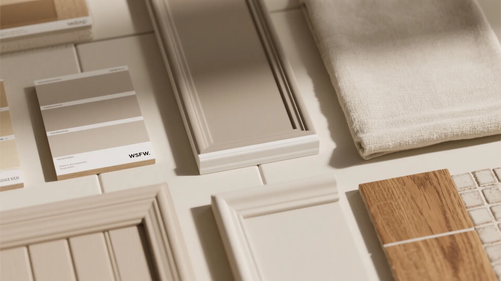 Interior design material board with paint swatches wooden samples wall panel pieces and beige fabric