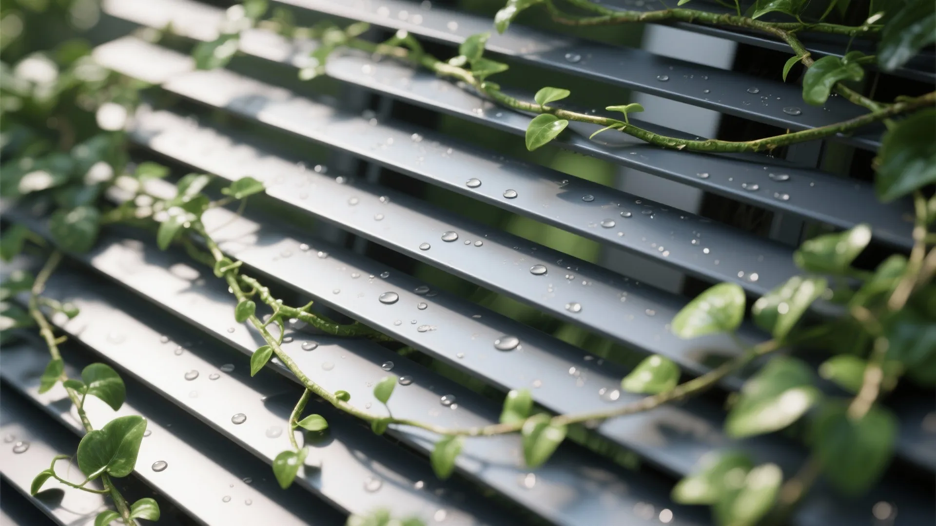Close up of green vines and water drops on grey window blinds in natural light