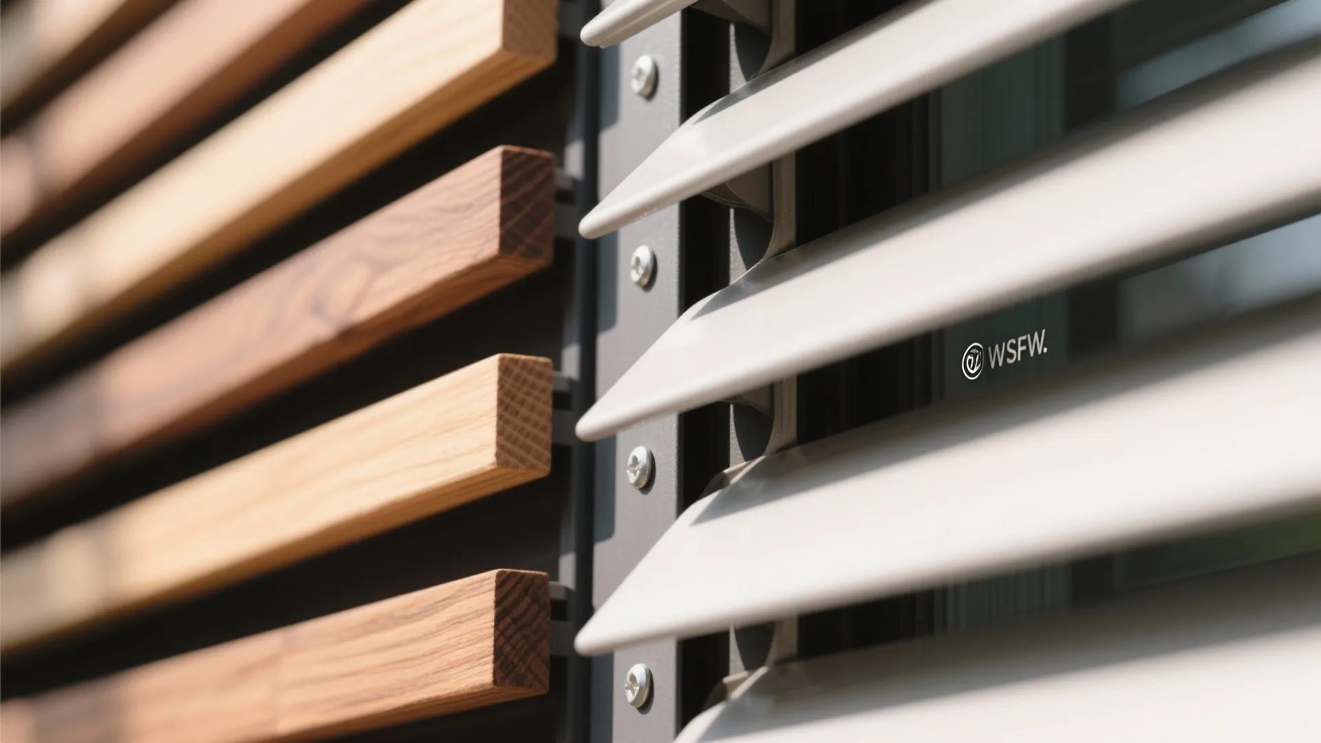 Close up view of wooden wall panel slats and metal window blinds for modern exterior design