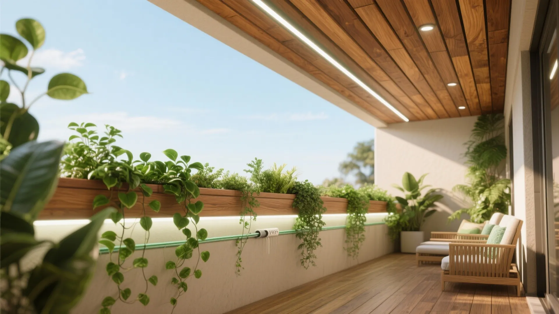Modern balcony with green plants in wooden planter wooden ceiling strip lights and wooden chairs