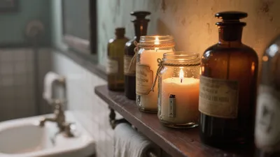 Vintage Bathroom with Candle-Lit Shelf for Cozy Ambiance
