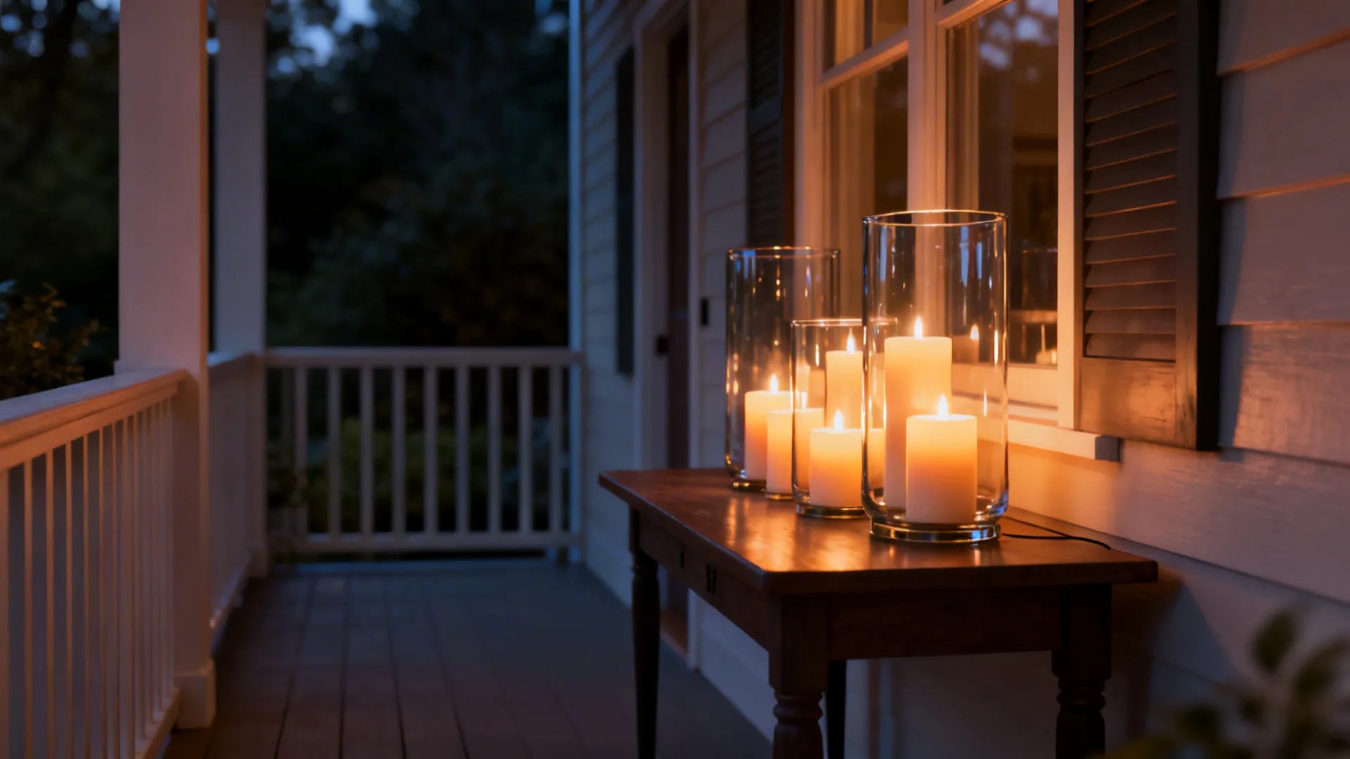 Cluster of battery-operated pillar candles glowing in hurricane vases on a narrow porch table.