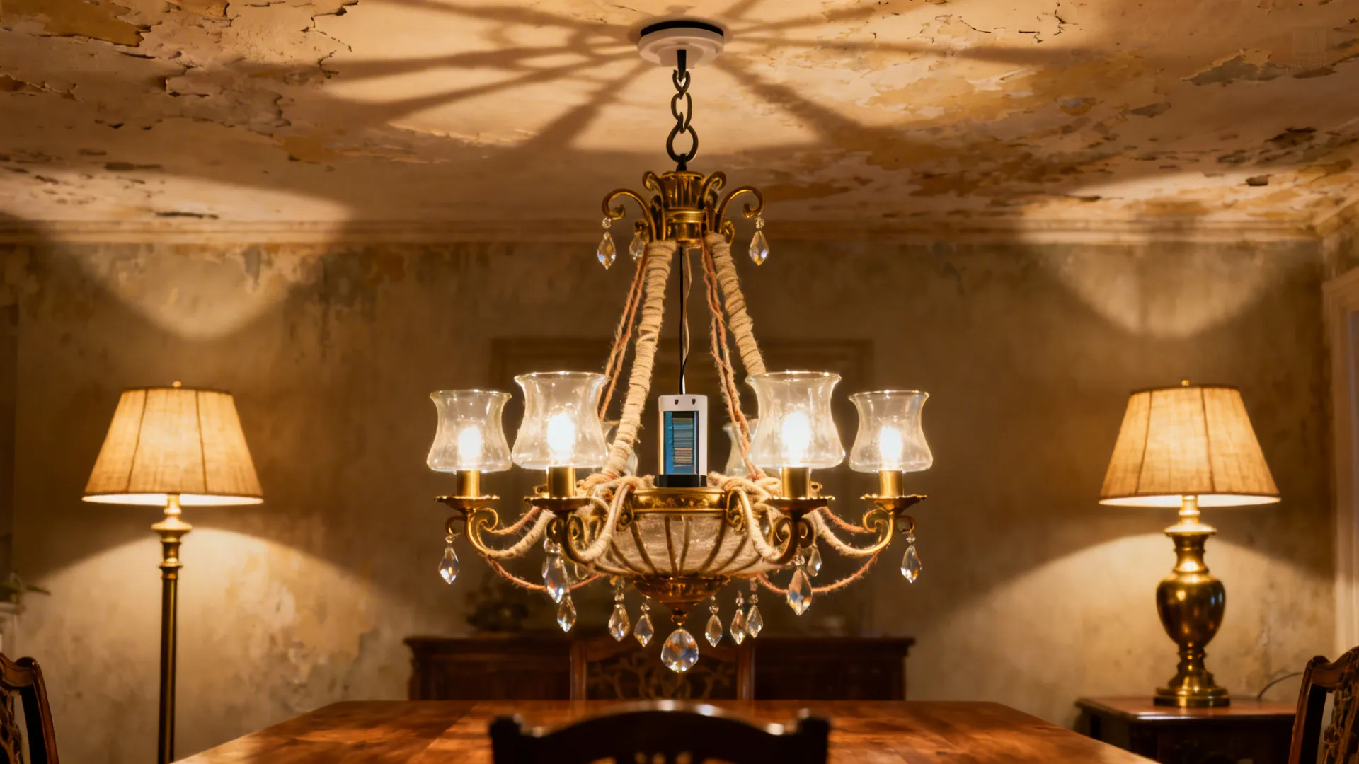 Battery-powered decorative chandelier hanging from adhesive hook with layered task lighting.