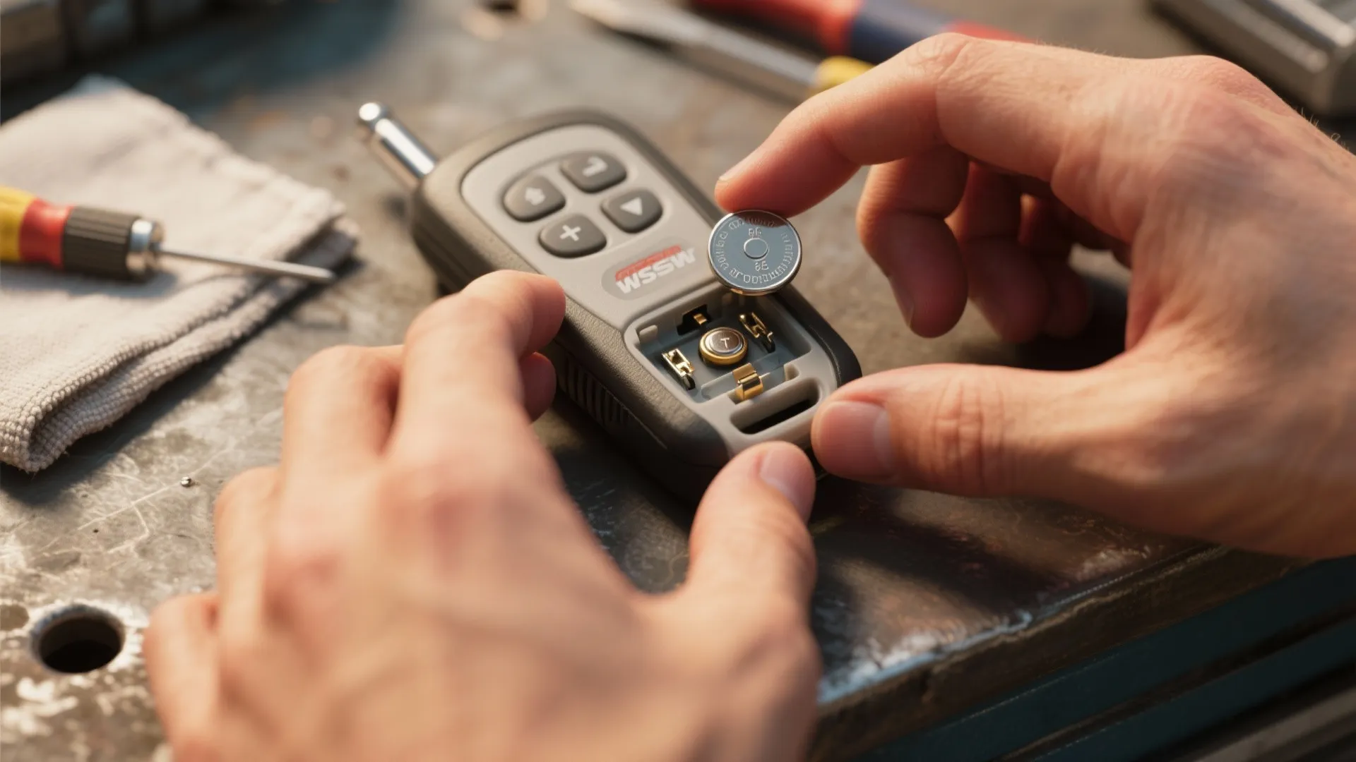 Hands replacing a small coin battery inside a remote control device on a dark workbench