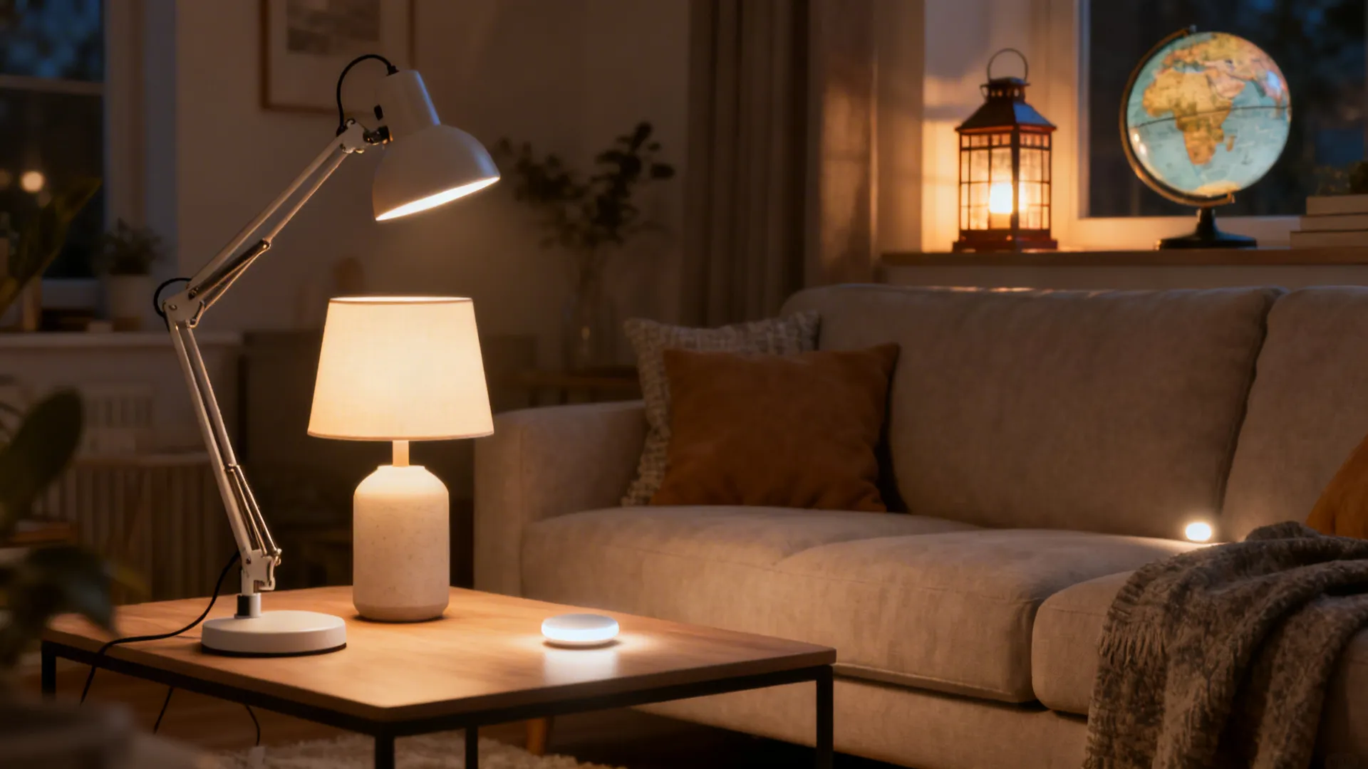Cozy small living room showing multiple battery lamp types to illustrate FAQ answers about brightness and layering.