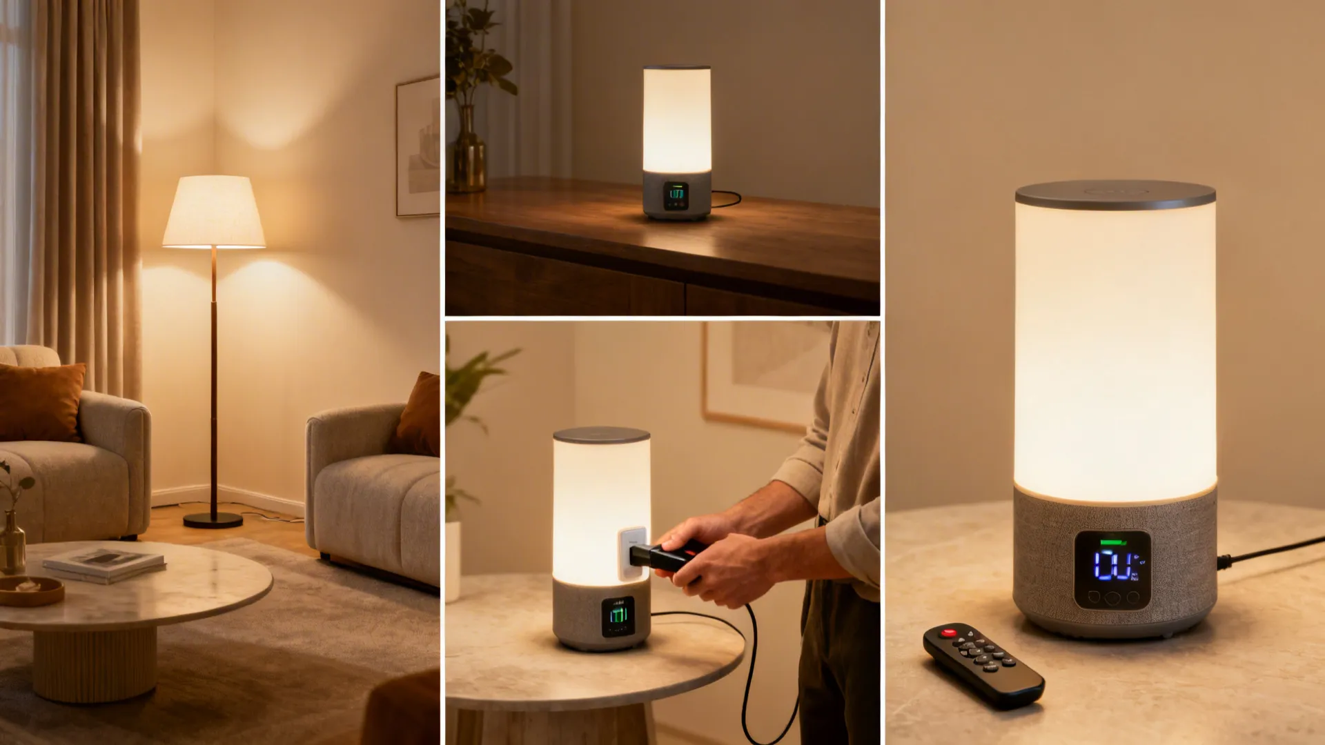 Montage showing battery lamp use-cases: charging, runtime indicator, remote control, and accent lighting.