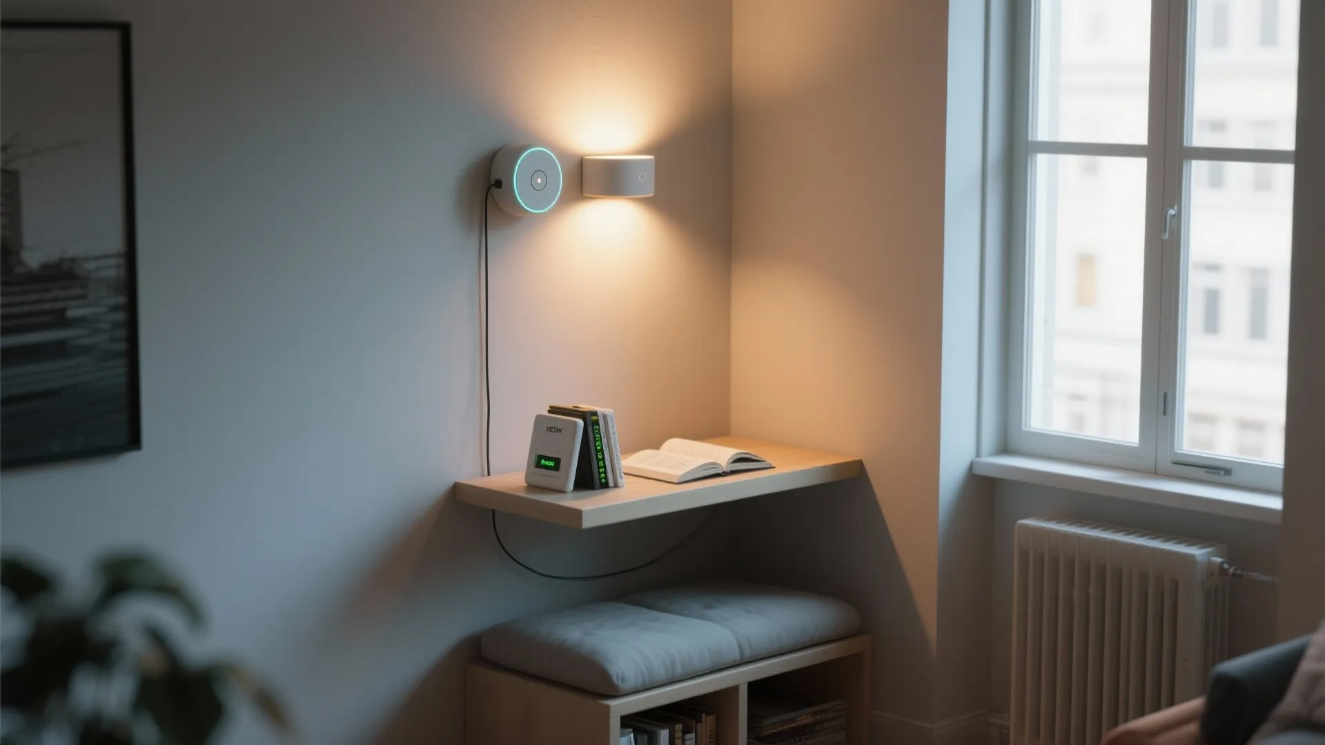 Small wooden wall desk with books and battery powered wall light in a reading corner