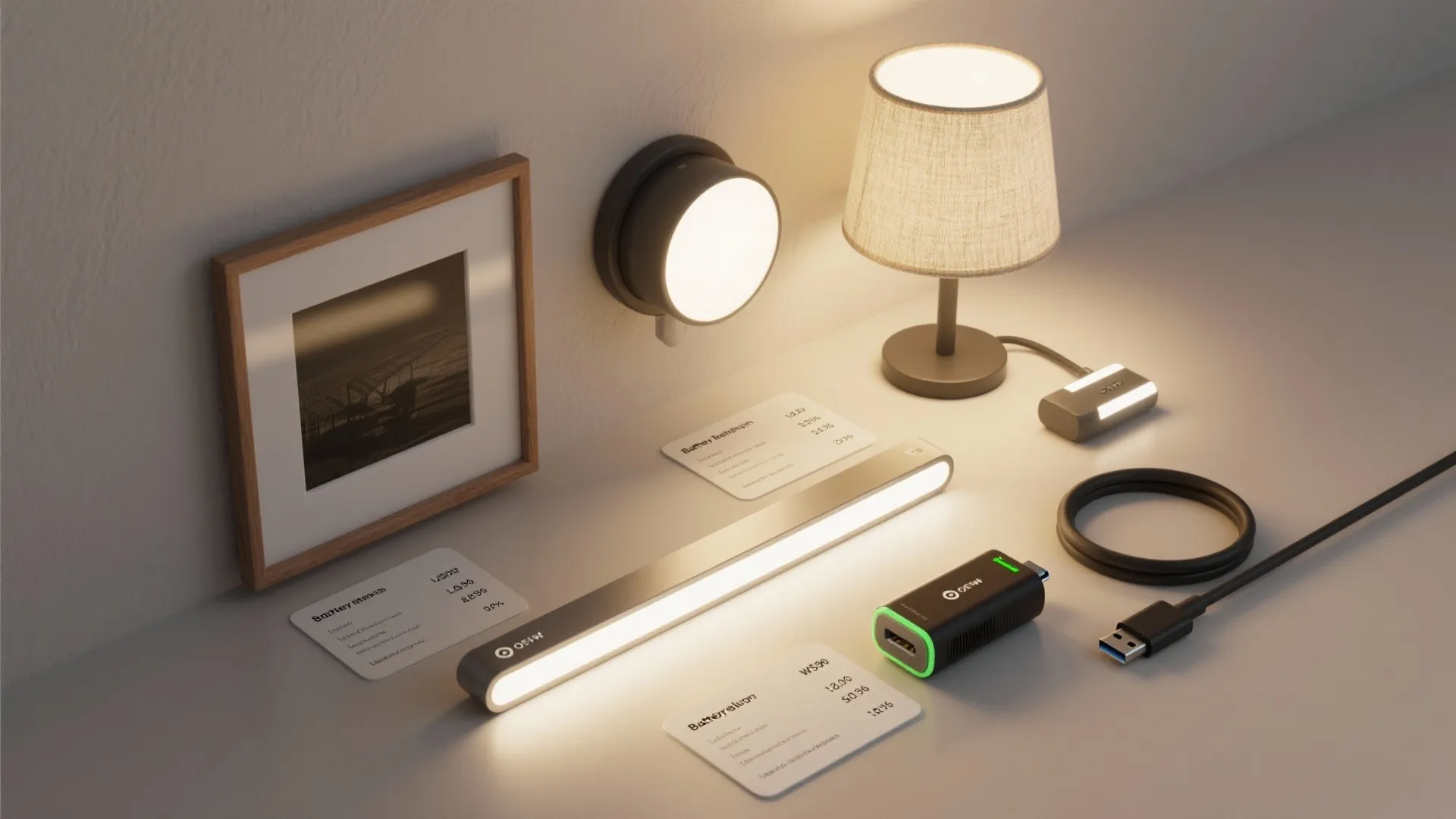 Flatlay showing various battery-powered wall light types with spec cards and USB-C cable