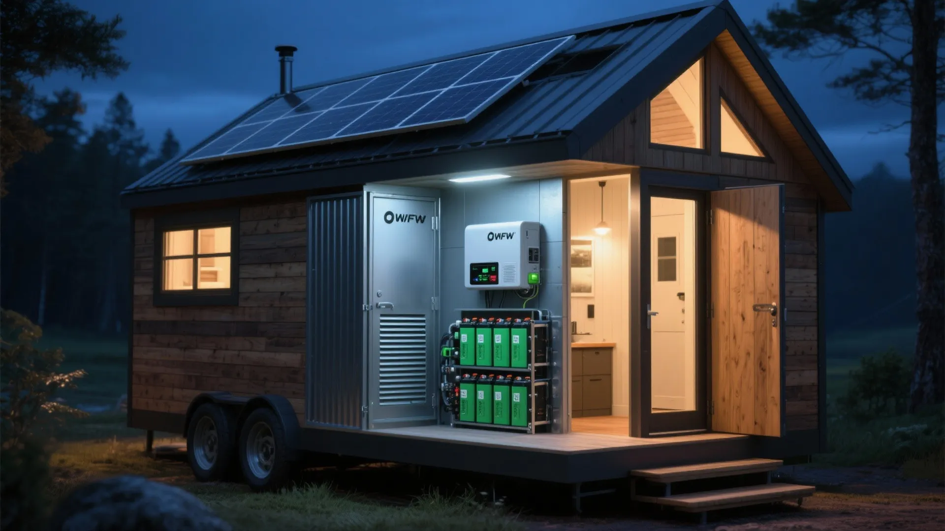 Tiny house on wheels at night with solar panels on roof and green battery storage