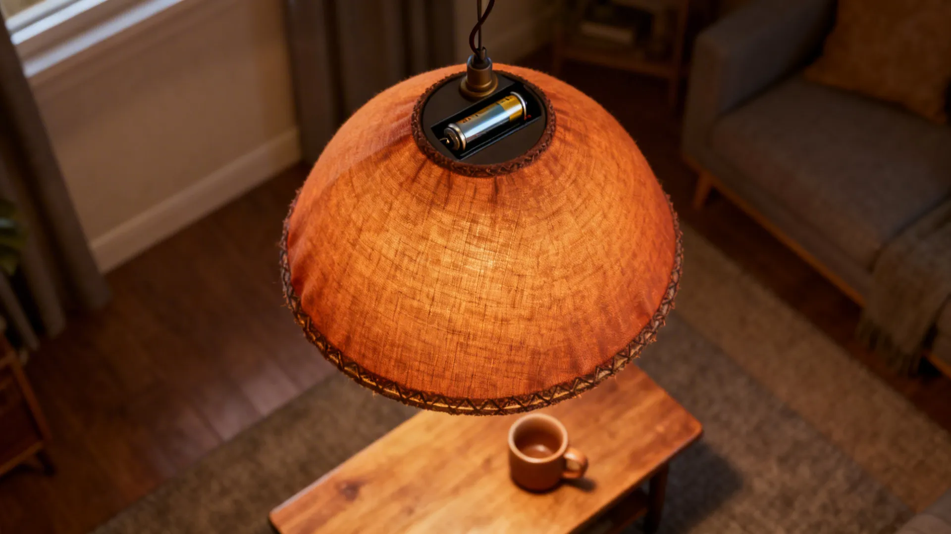 Decorative battery-powered pendant light over a coffee table, showing battery access point.
