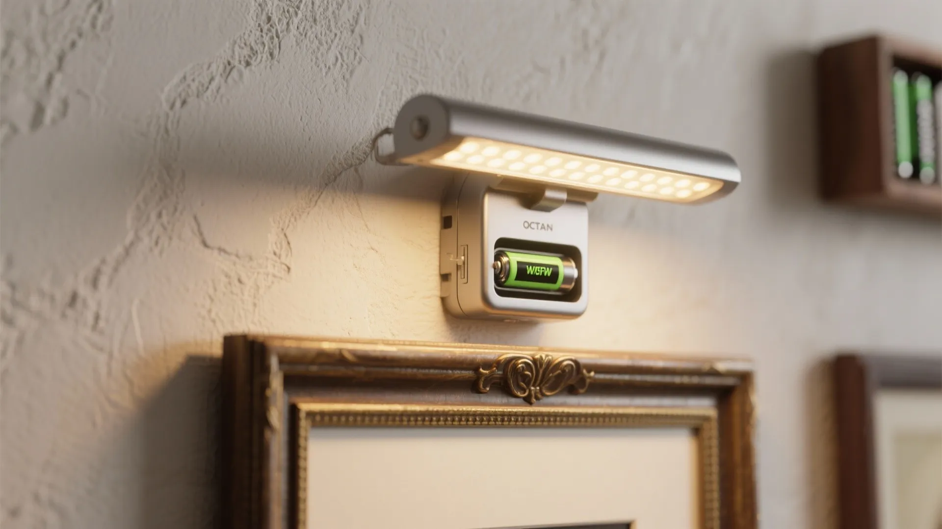 Battery-powered picture light clipped to a vintage frame with warm LED glow