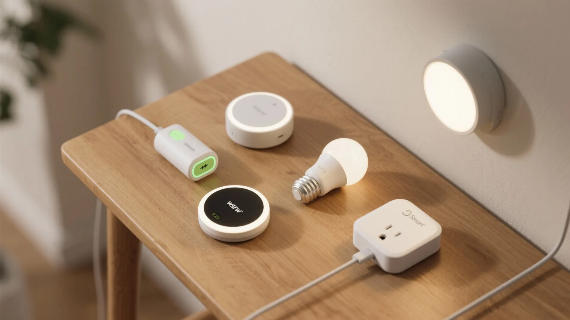 Smart home lighting devices with light bulb plus wall light and power outlet on wooden table
