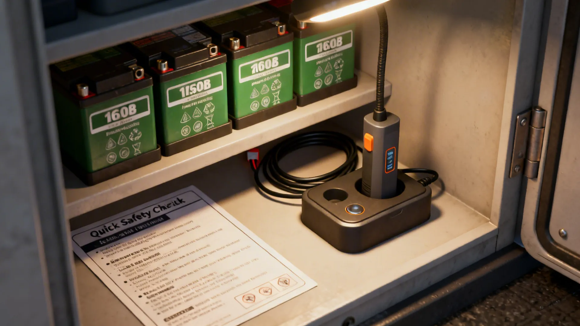 Cupboard shelf with spare batteries, charging dock, and a safety checklist for battery-powered lights.