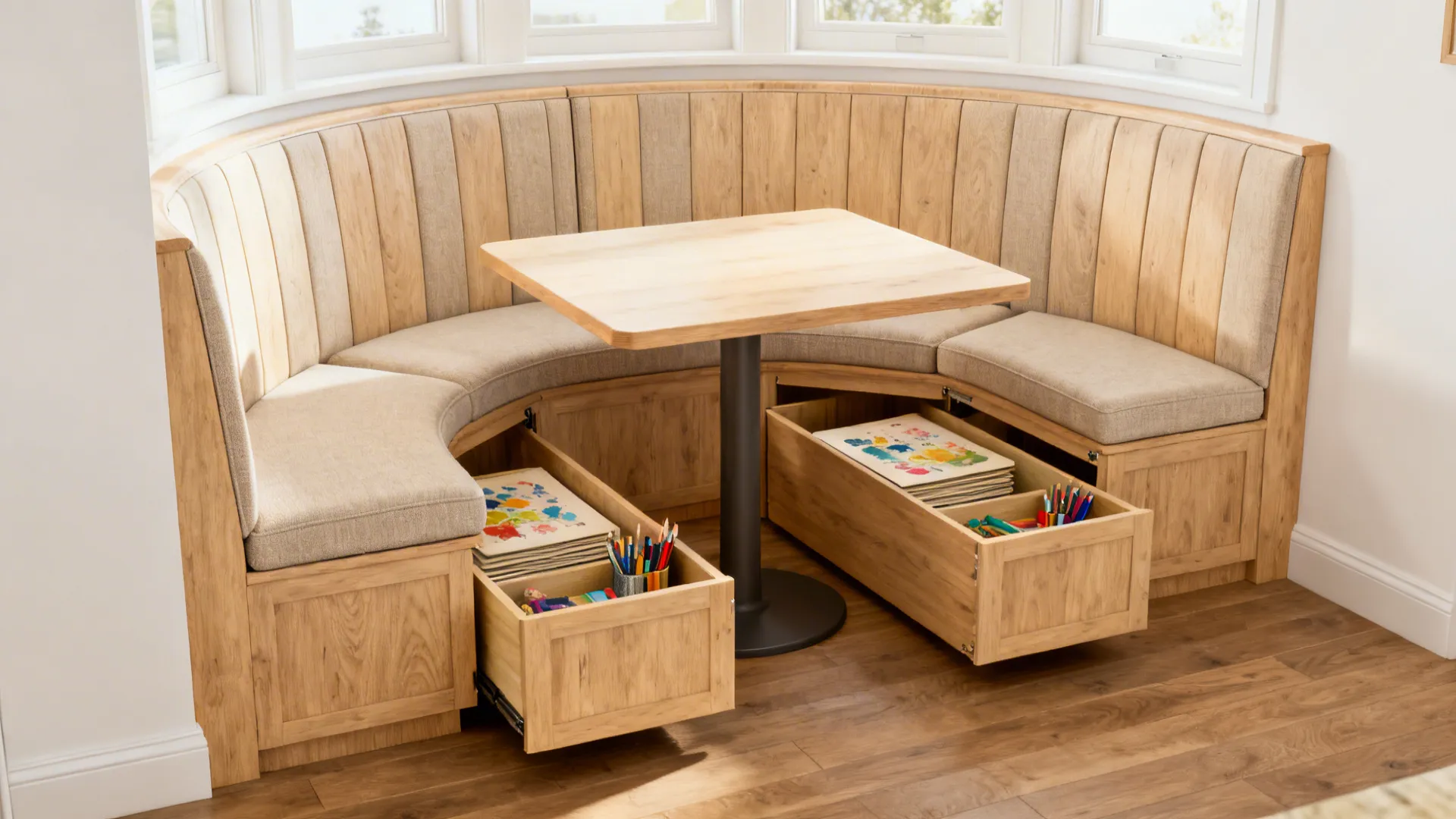 Curved bay window bench with lift-top storage and neutral cushions around a pedestal table.