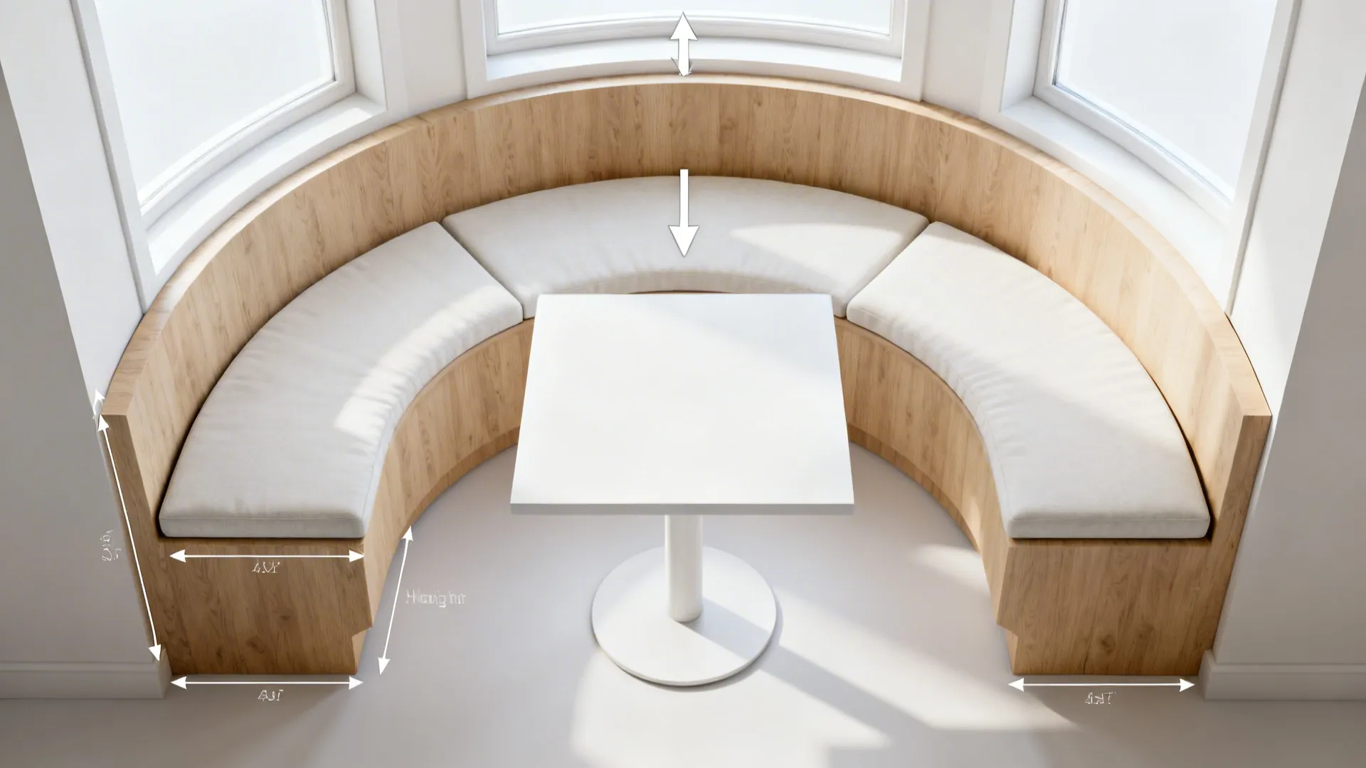 Top-down view of a bay bench nook showing clearances around a pedestal table.