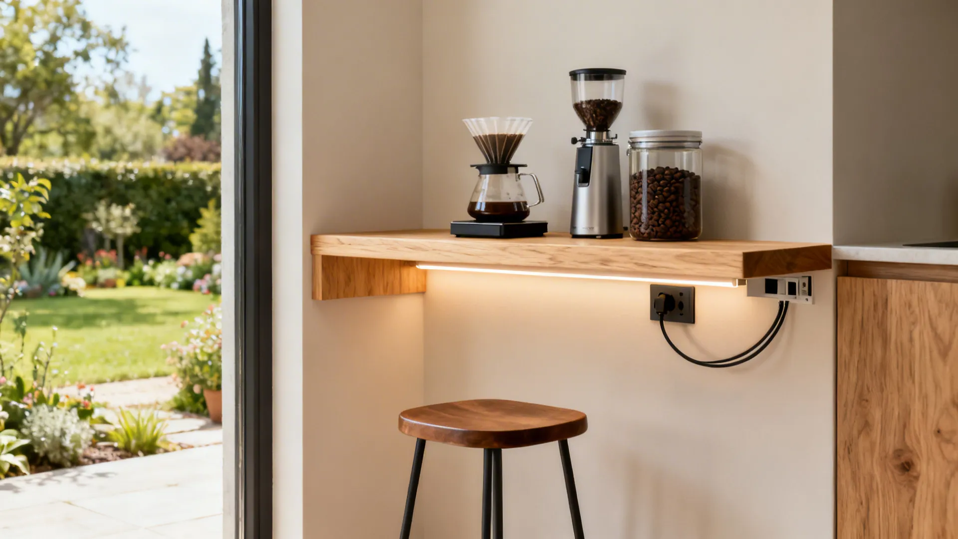 Slim white oak bay ledge as a micro-desk and coffee station with soft daylight.