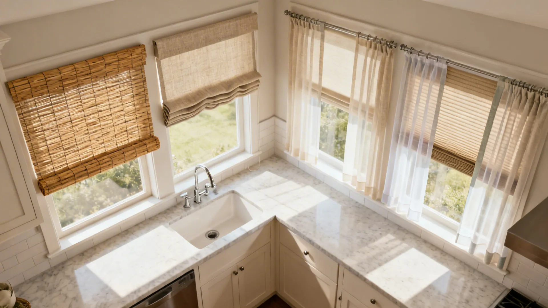 Top-down comparison of five bay window treatments in a compact kitchen layout.