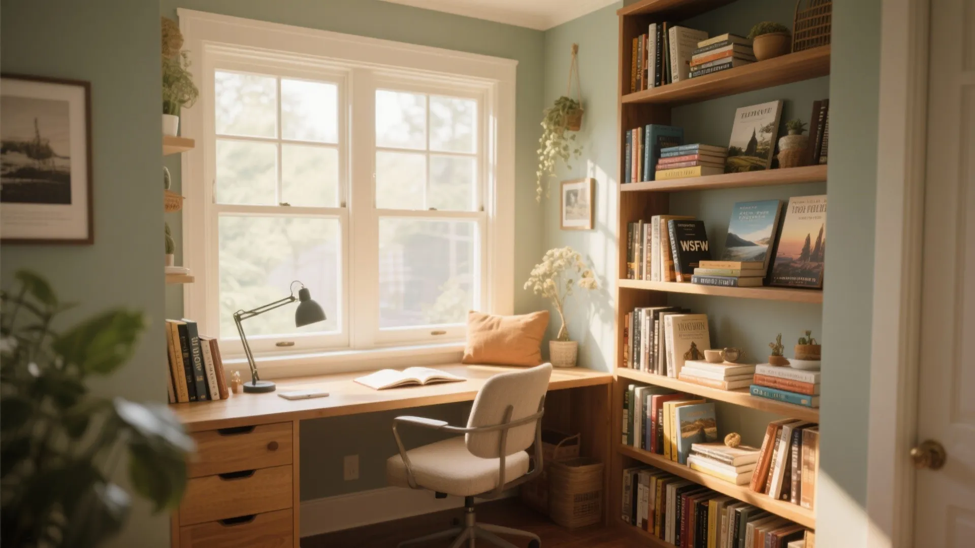 Bay window desk with integrated bookcase full of travel books