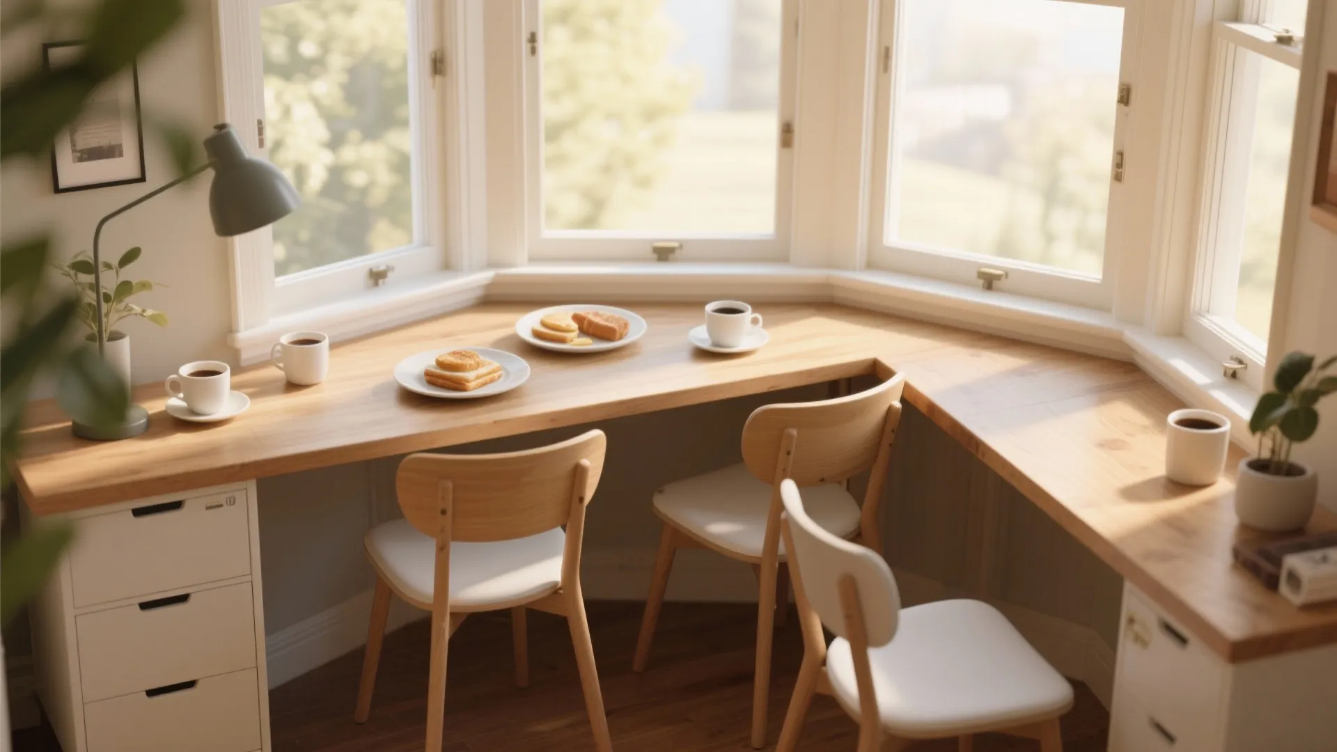 Bay window desk setup used as small breakfast nook