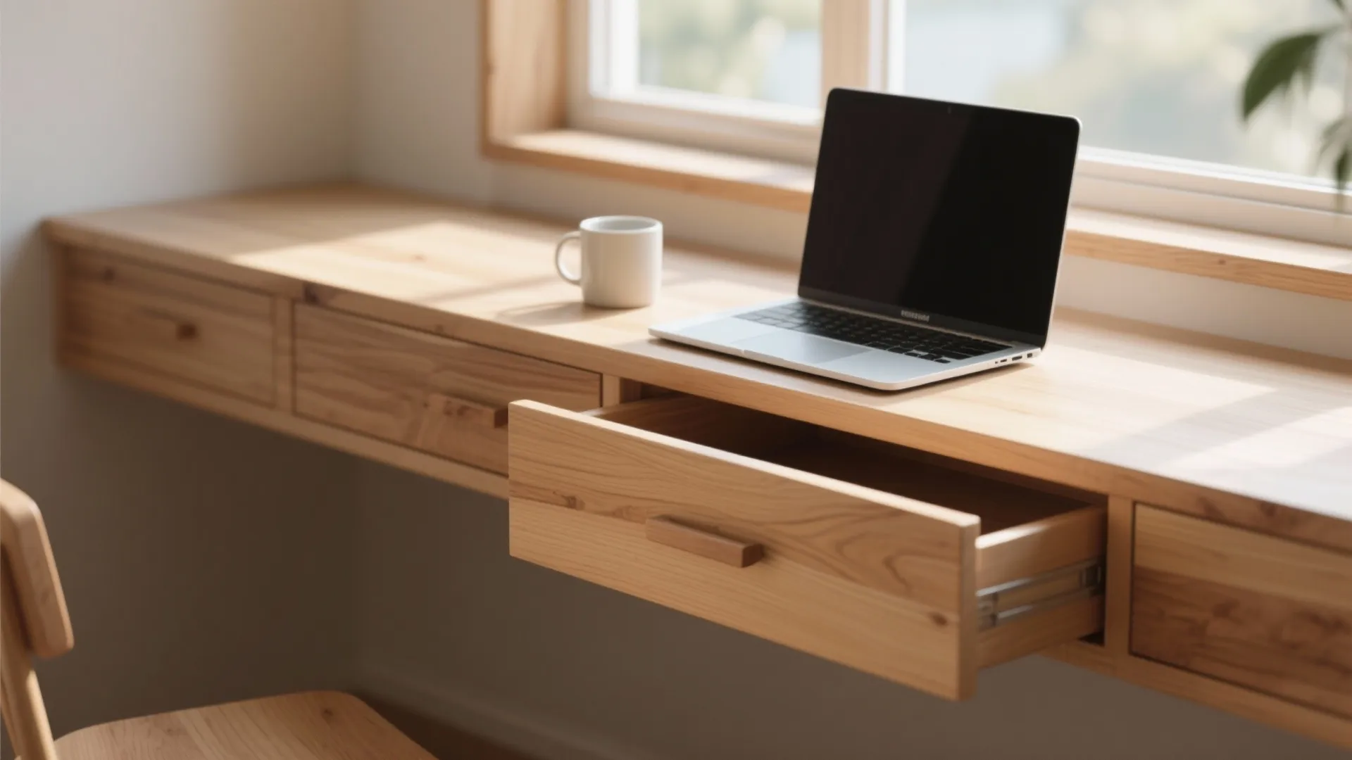 Built-in drawers beneath bay window desk with coffee mug on top