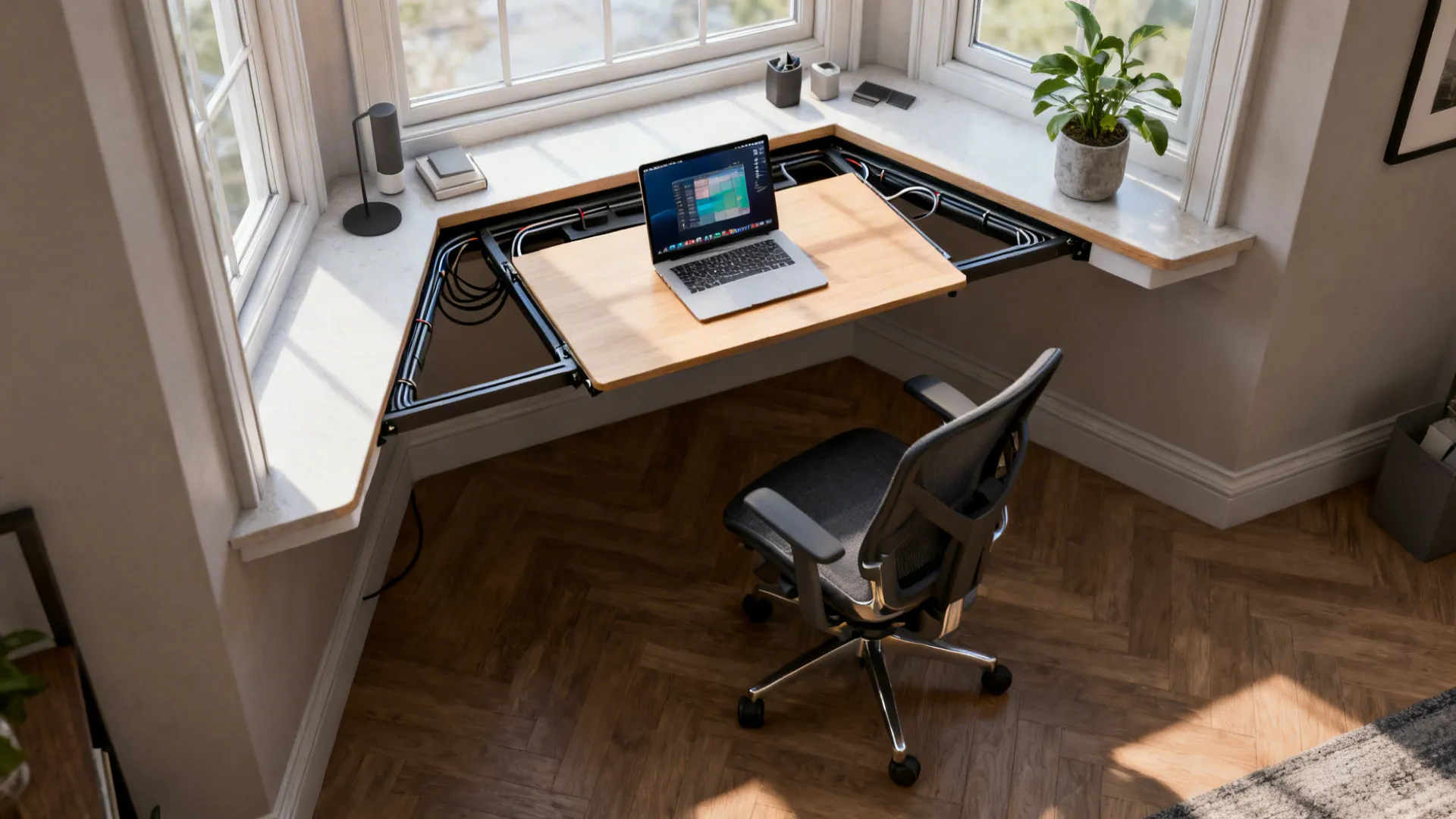 Top-down view of a bay window fold-down desk with tidy cable management and workspace items