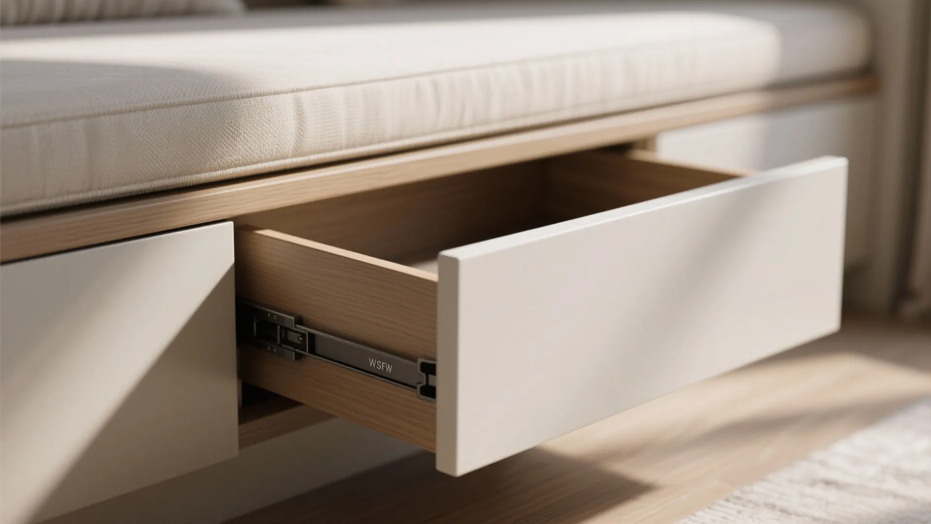 Bay window seating with deep drawers