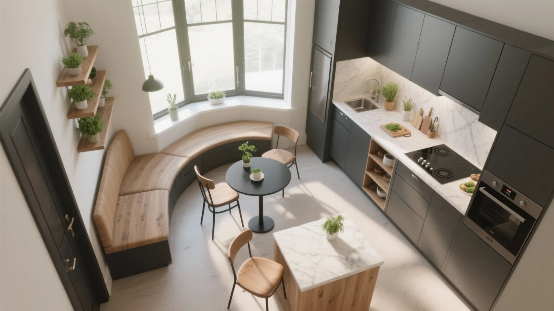 Top view of a small kitchen layout with black cabinets curved seating area and wooden floor