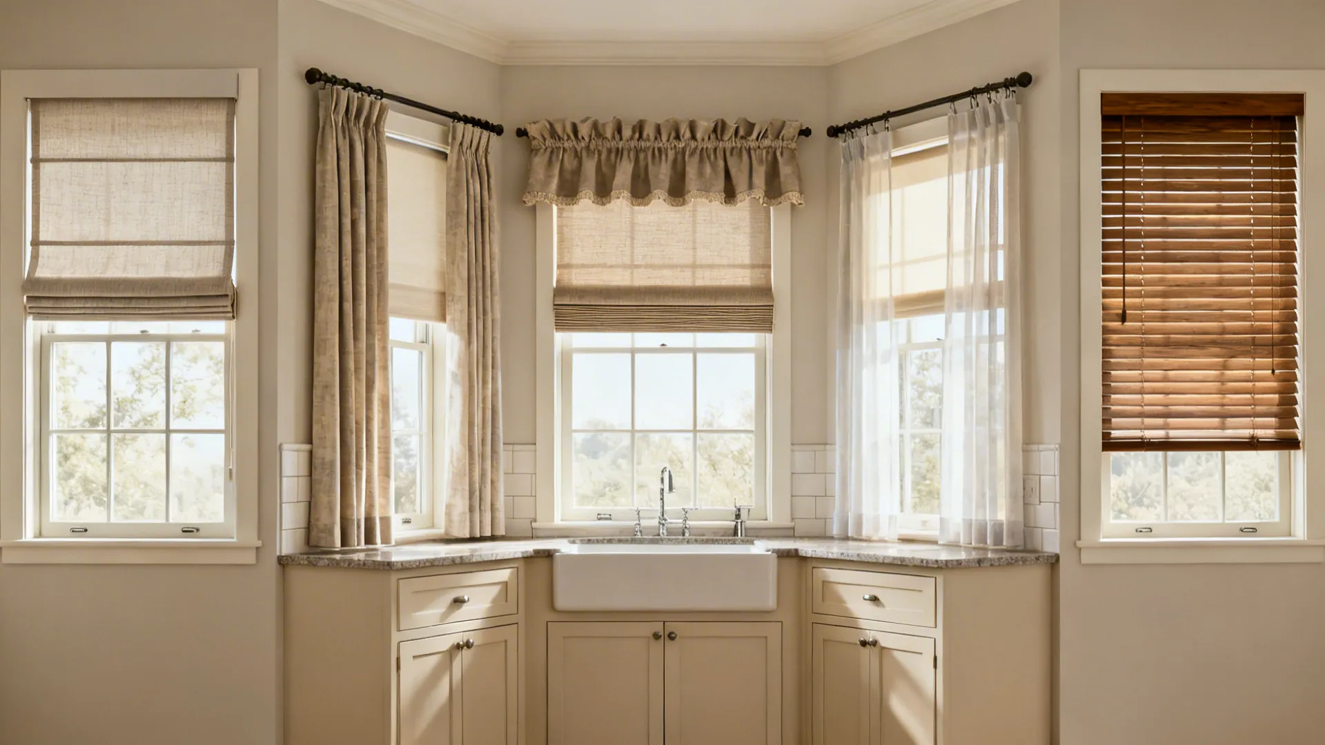Multiple bay window treatment vignettes in one compact kitchen scene.