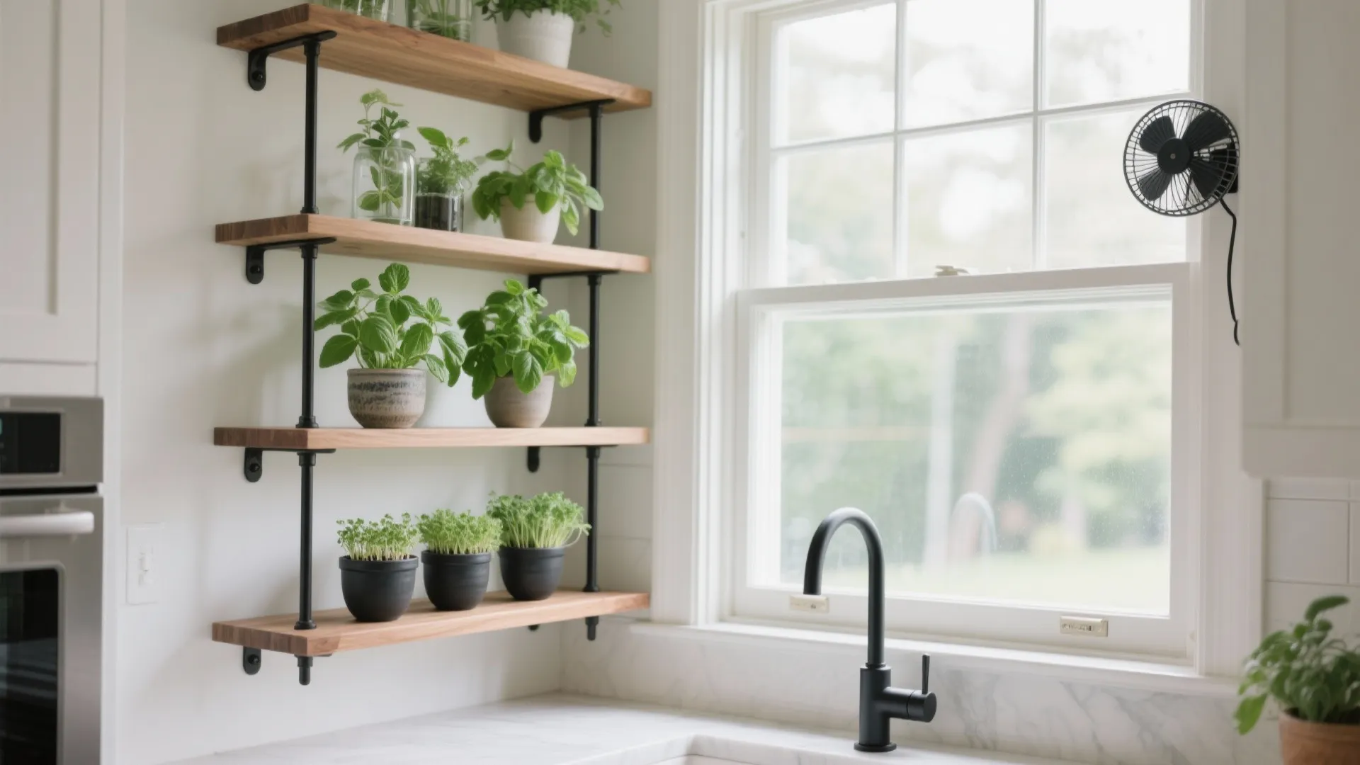 Tiered herb shelves in a sunny bay window with matte black brackets and oak