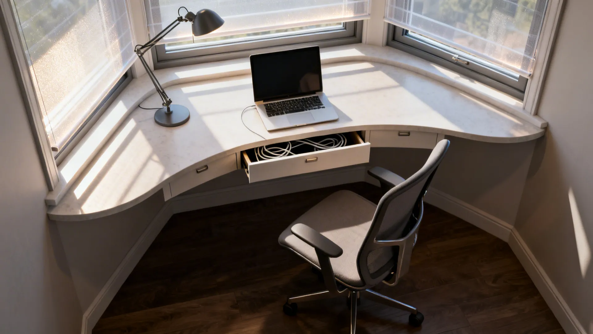 Small bay window converted into a compact home office with a curved desk and adjustable task lighting.