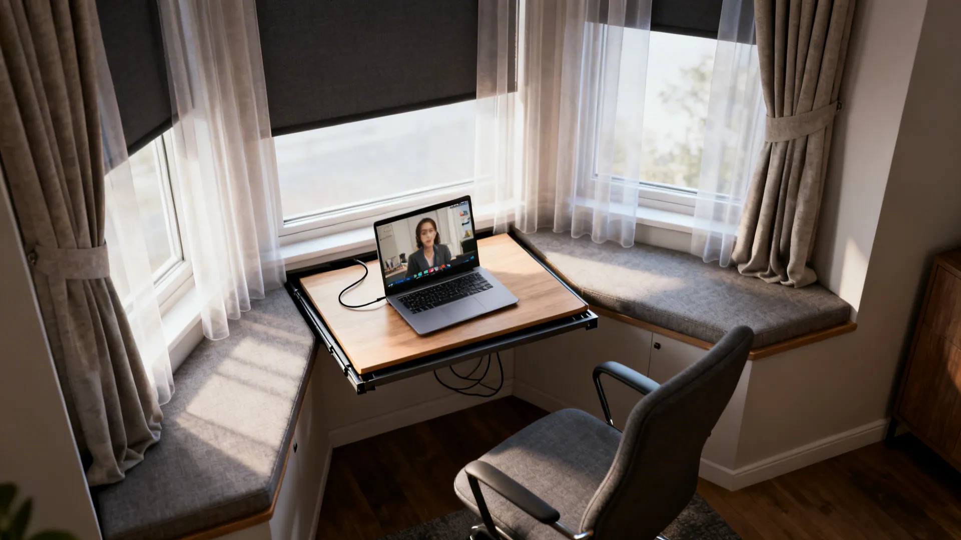 Modern home office setup with laptop on wooden desk placed by bright window with seat