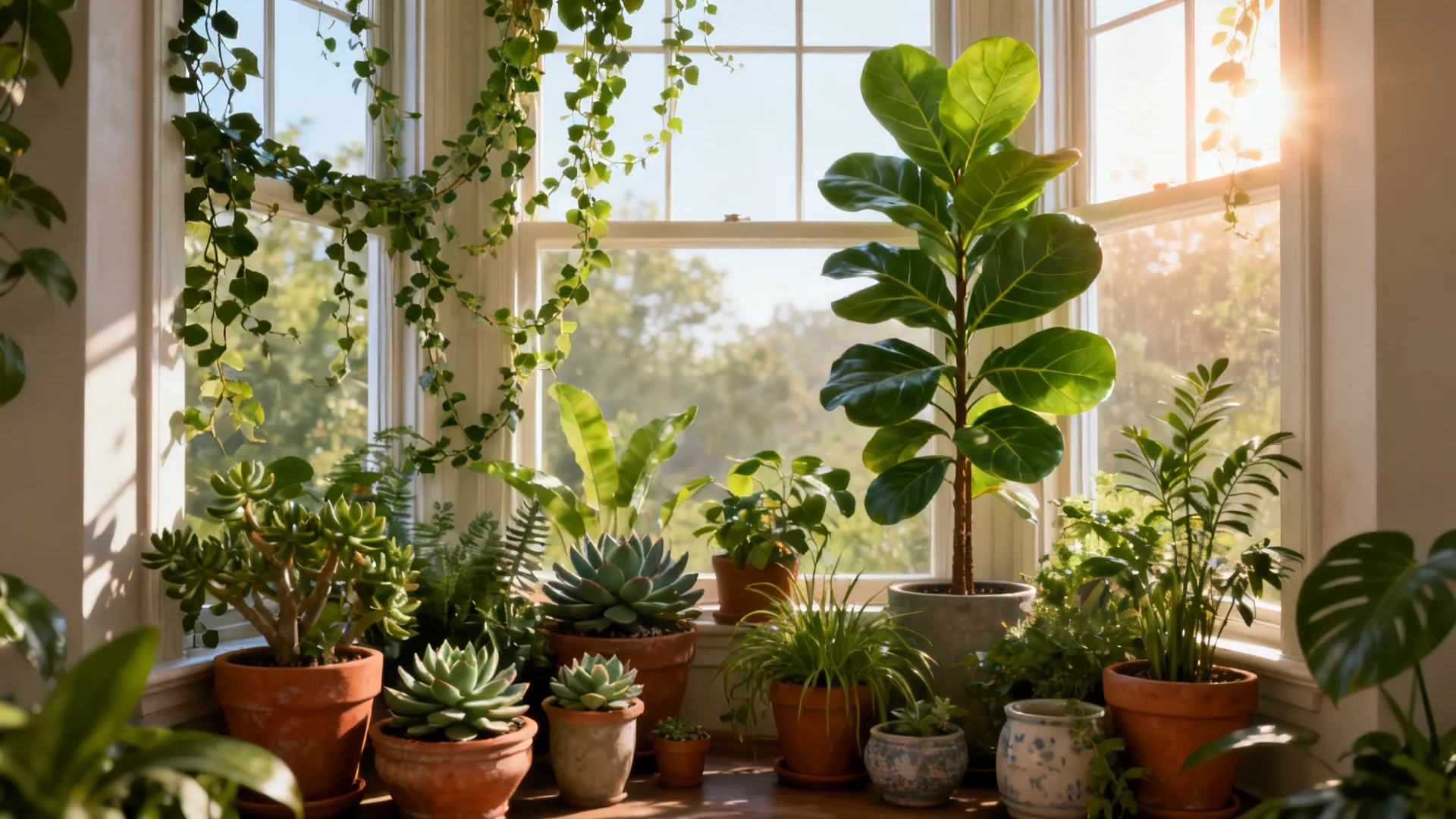 Indoor garden with various green potted plants and succulents on a sunny bay window sill