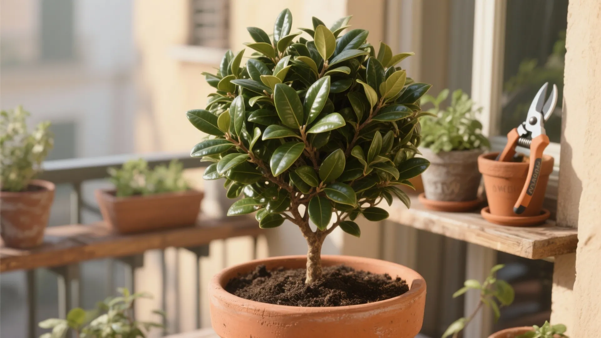 Small green plant in a clay pot on a sunny balcony with gardening tools nearby