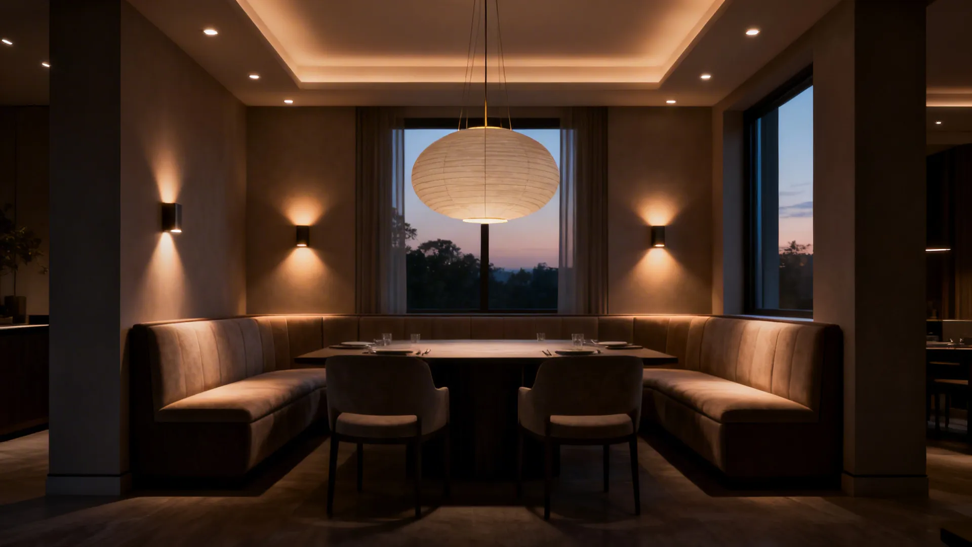 Dining bay with a scaled pendant, recessed lights and wall sconces creating layered lighting.