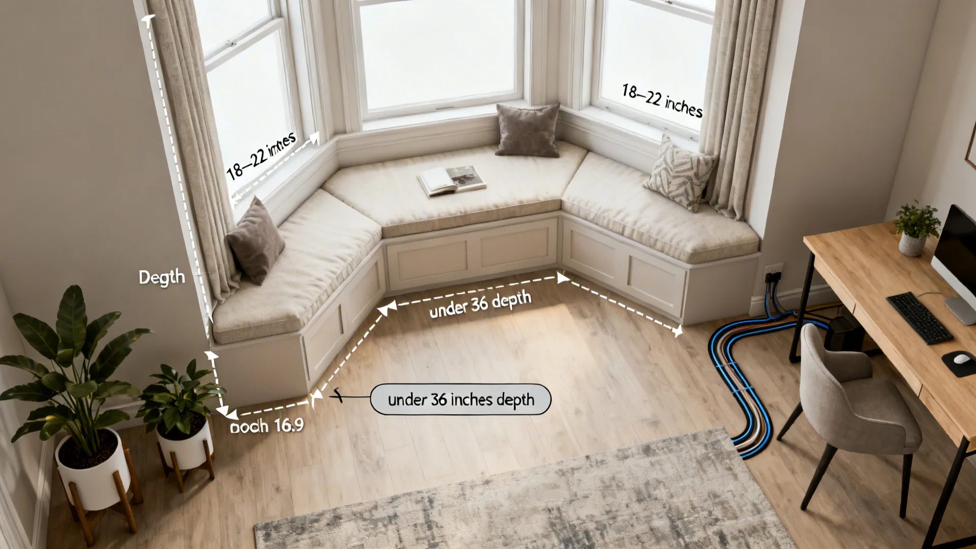 Top-down planning diagram for bay window layouts showing bench depths, desk placement, and plant stands.
