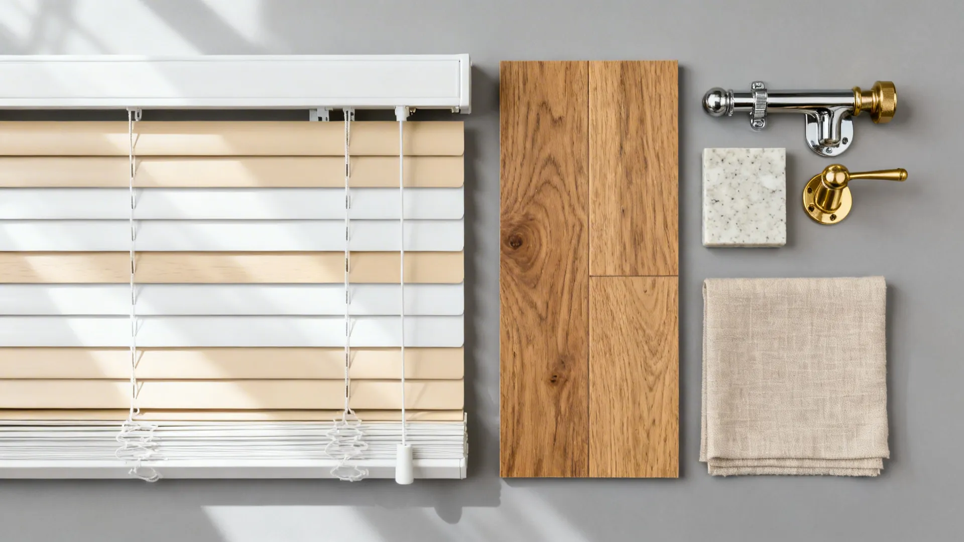 Flatlay of composite shutter and faux-wood blind samples with hardware and finishes.