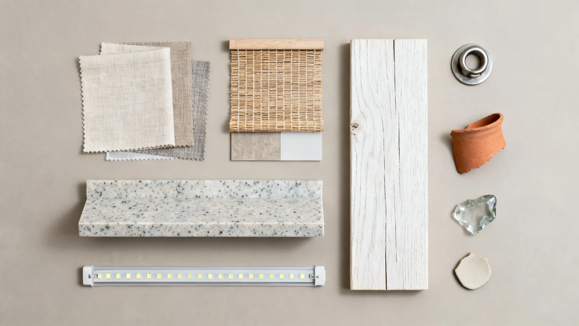 Flat lay of linen, woven shade, quartz, white oak, terracotta, matte ceramic, glass, LED strip, and grommet.