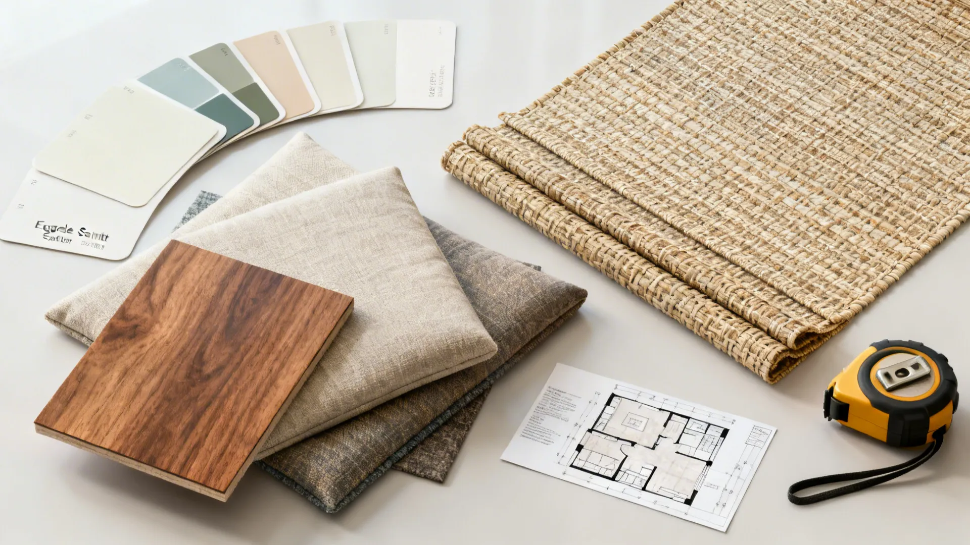 Interior design board with wood samples fabric swatches color cards tape measure and room layout