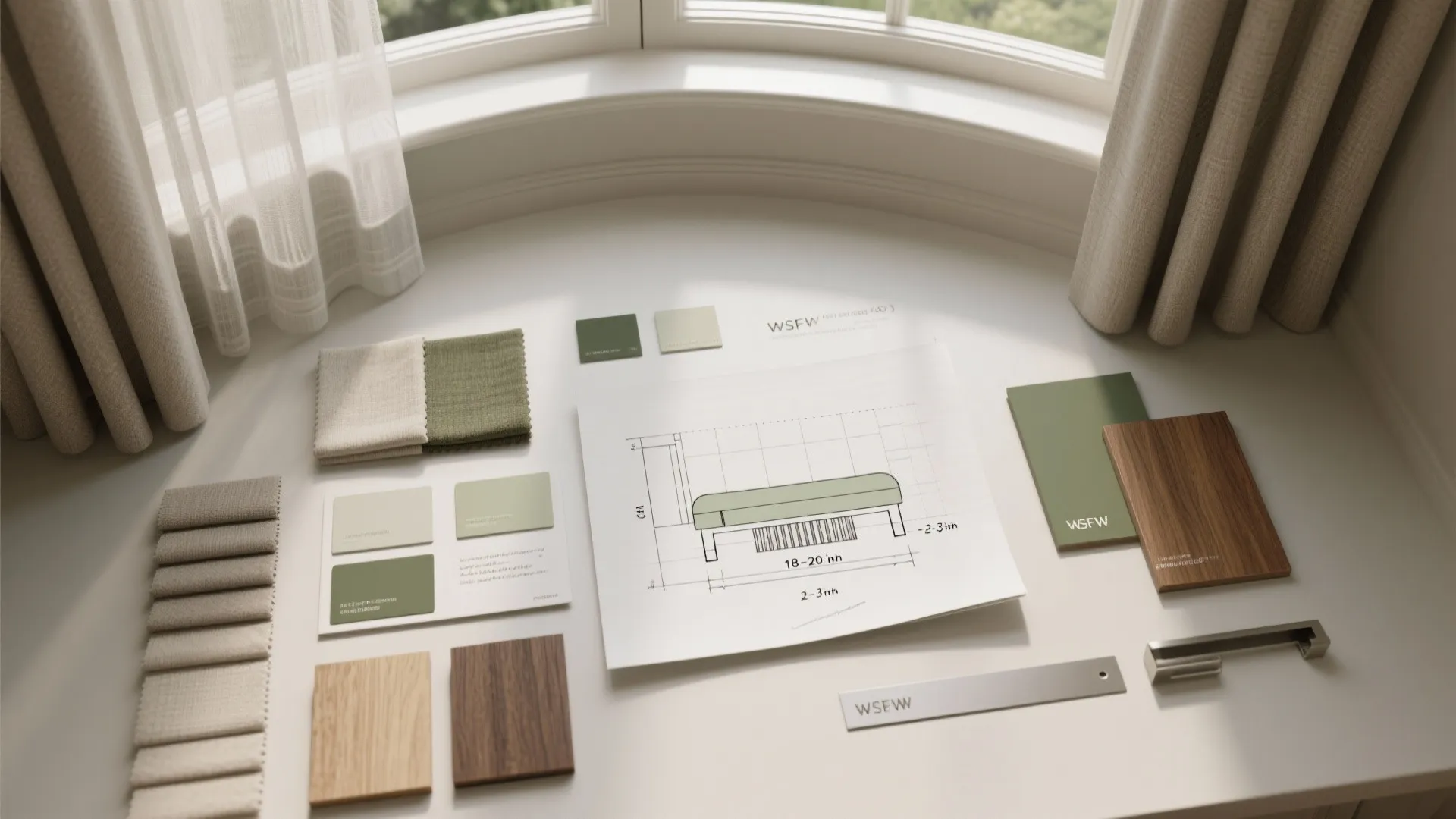 Flatlay of swatches, wood samples, paint chips and a small plan sketch with bench depth and heater clearance notes.