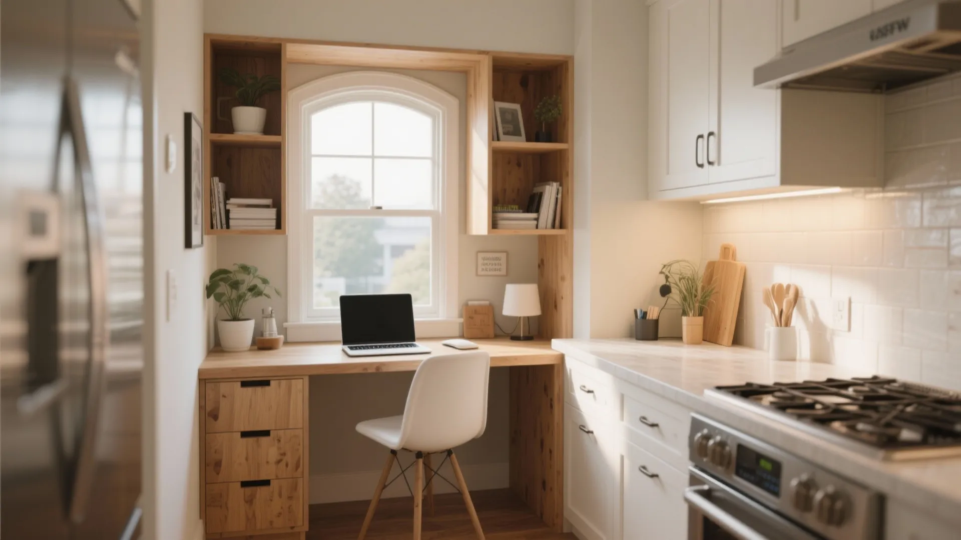 Compact home office desk with laptop and white chair integrated into a modern kitchen area design