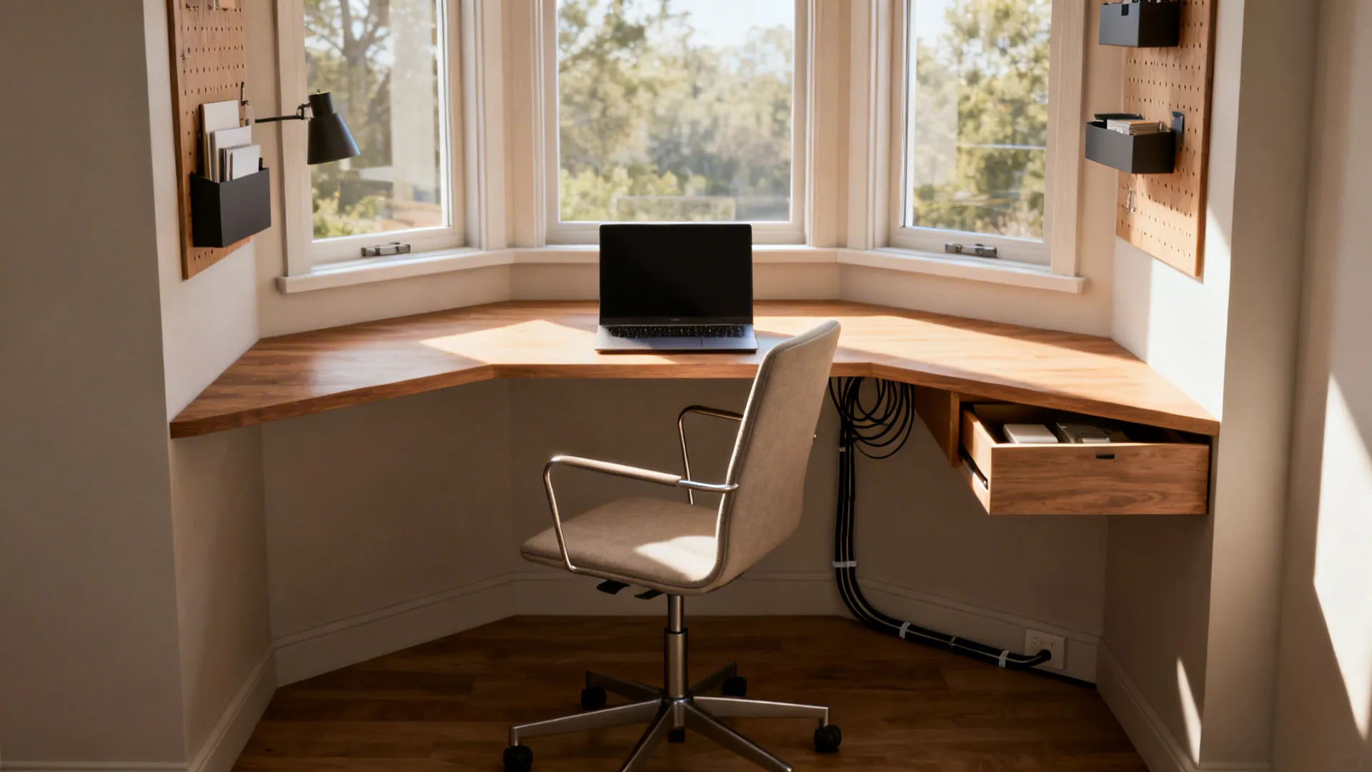 Compact bay window home office with a shallow desk, wall organizers, and tidy cable management.