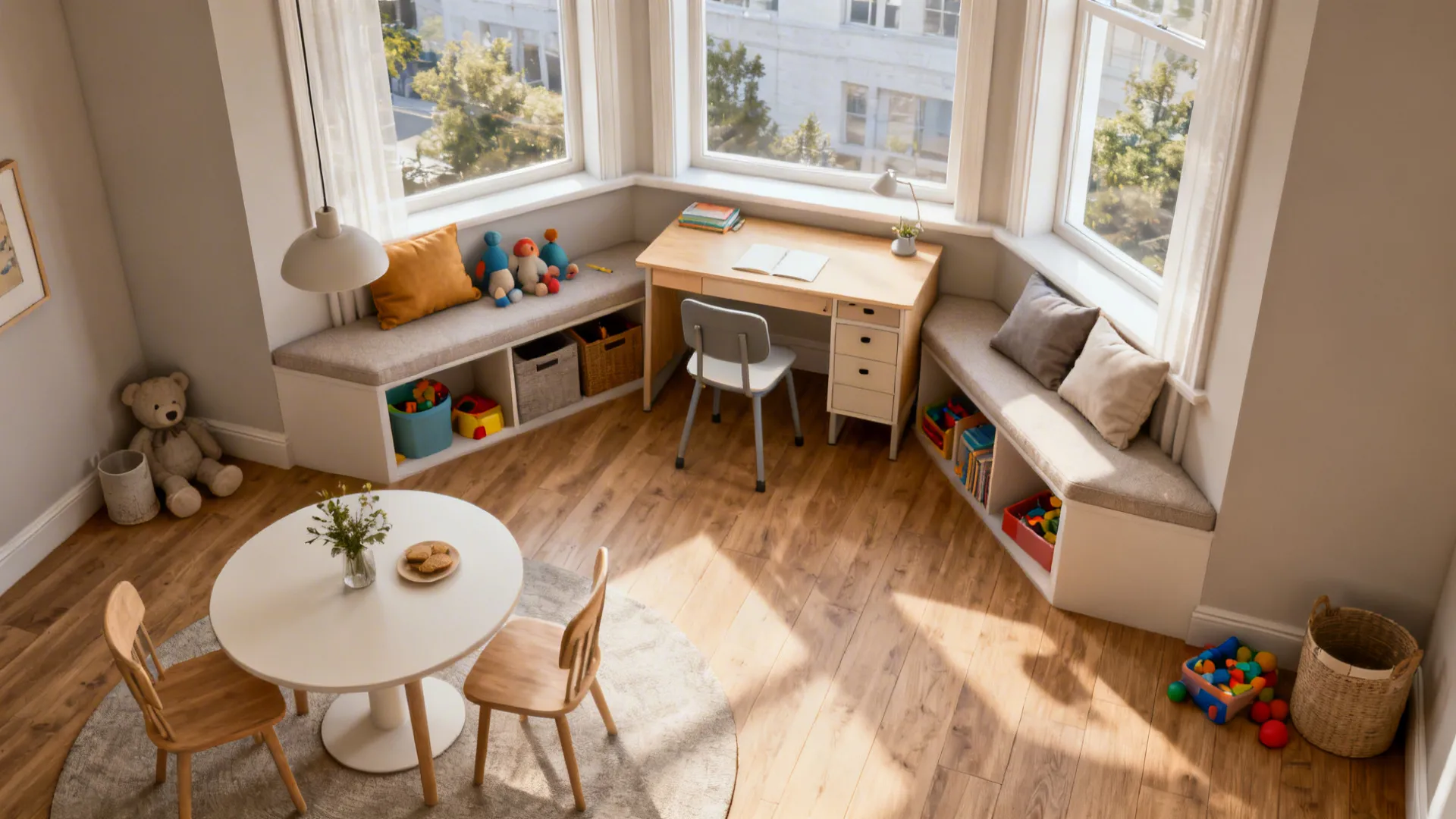 Top-down layout showing dining, desk, and play nook options for a bay window space.