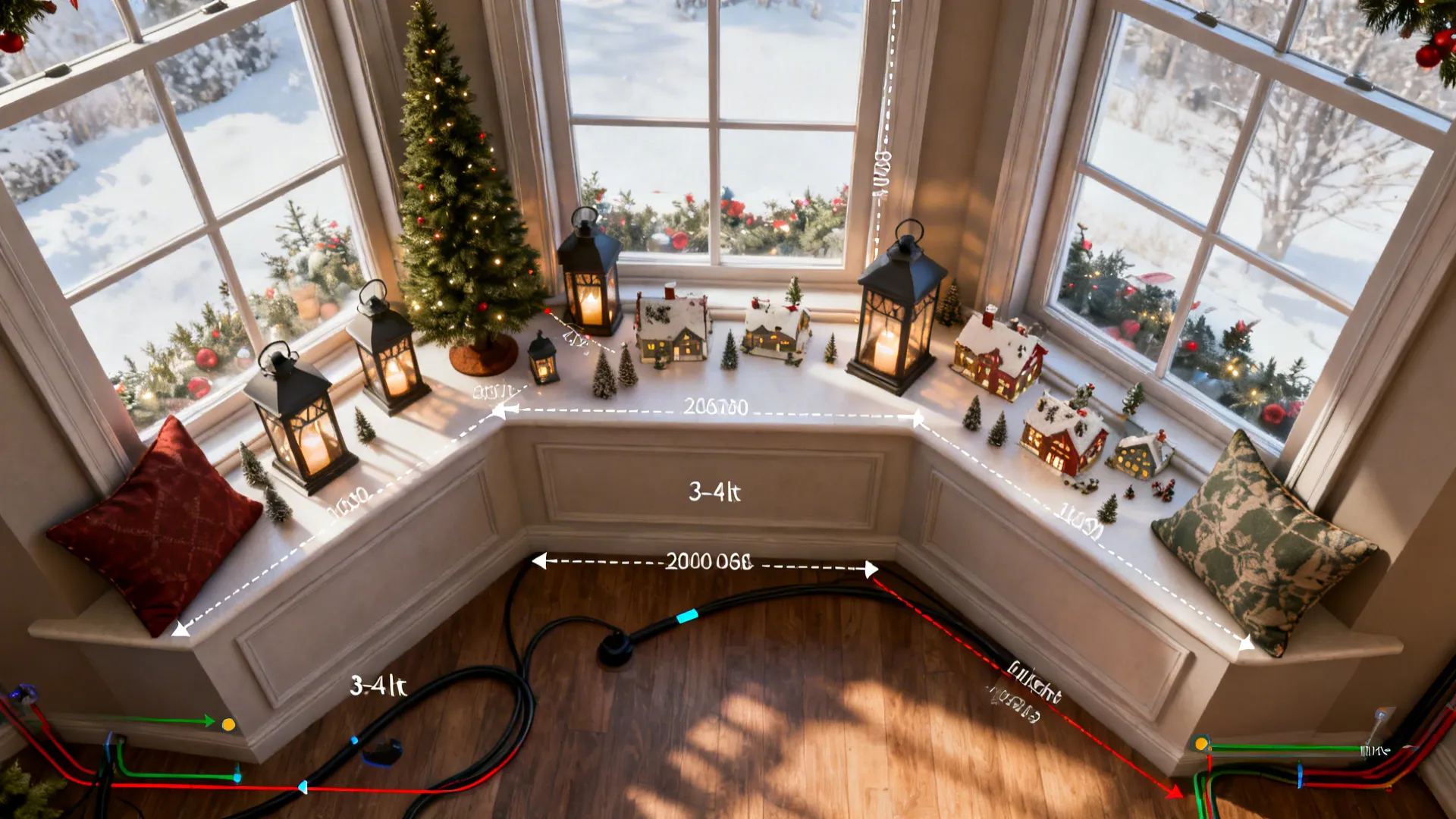 Top-down planning view of a bay window layout showing scaled decorations and cable routing.